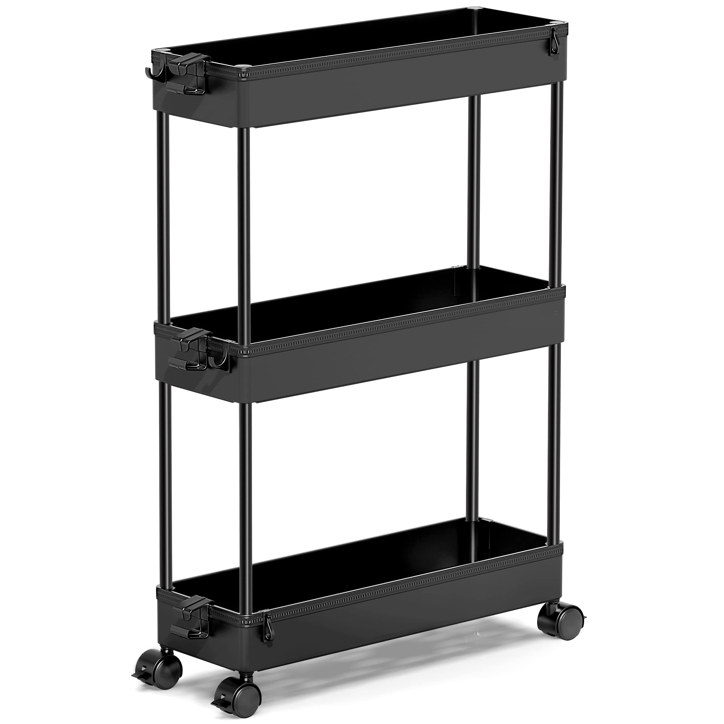 Slim Rolling Storage Cart, 3 Tier Bathroom Storage Organizer Laundry Room Utility Cart Mobile Shelving Unit, Multi-Purpose for Kitchen Office Bathroom Laundry Narrow Places, Black