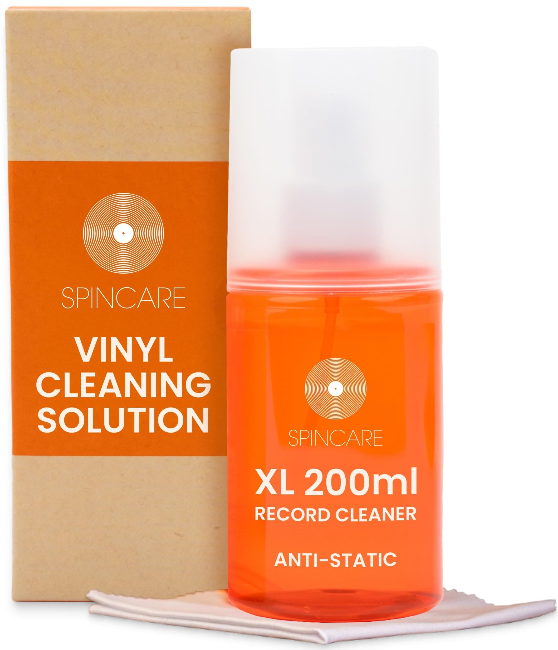 SPINCARE Vinyl Record Cleaning Solution XL 200ml Anti-static Record Cleaner Spray | Anti Static LP Cleaning Fluid Spray Bottle with Supersoft Microfibre Cloth | Removes Dirt, Dust & Fingerprints