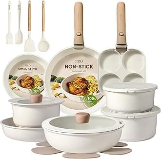 CAROTE Pots and Pans Set Non Stick, Cookware Sets, Kitchen Set, Oven/Dishwasher/Fridge Safe, Space Saving Pots Set, Nonstick Set with Versatile Detachable Handle, Induction RV Set, Cream