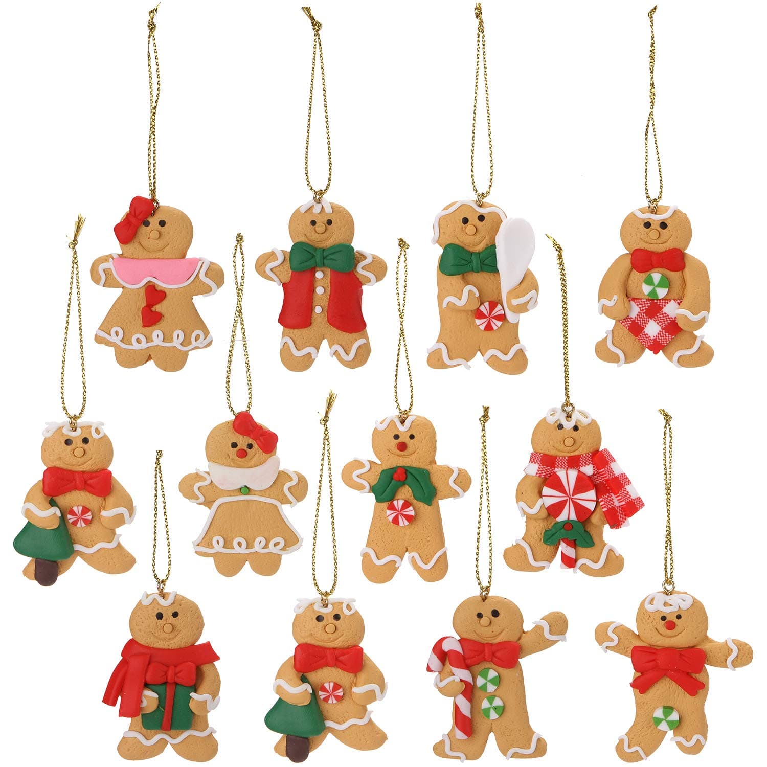 Sea Team Assorted Clay Figurine Ornaments Traditional Gingerbread Man Doll Gingerman Hanging Charms Christmas Tree Ornament Holiday Decorations, 2.76 inches, Set of 12