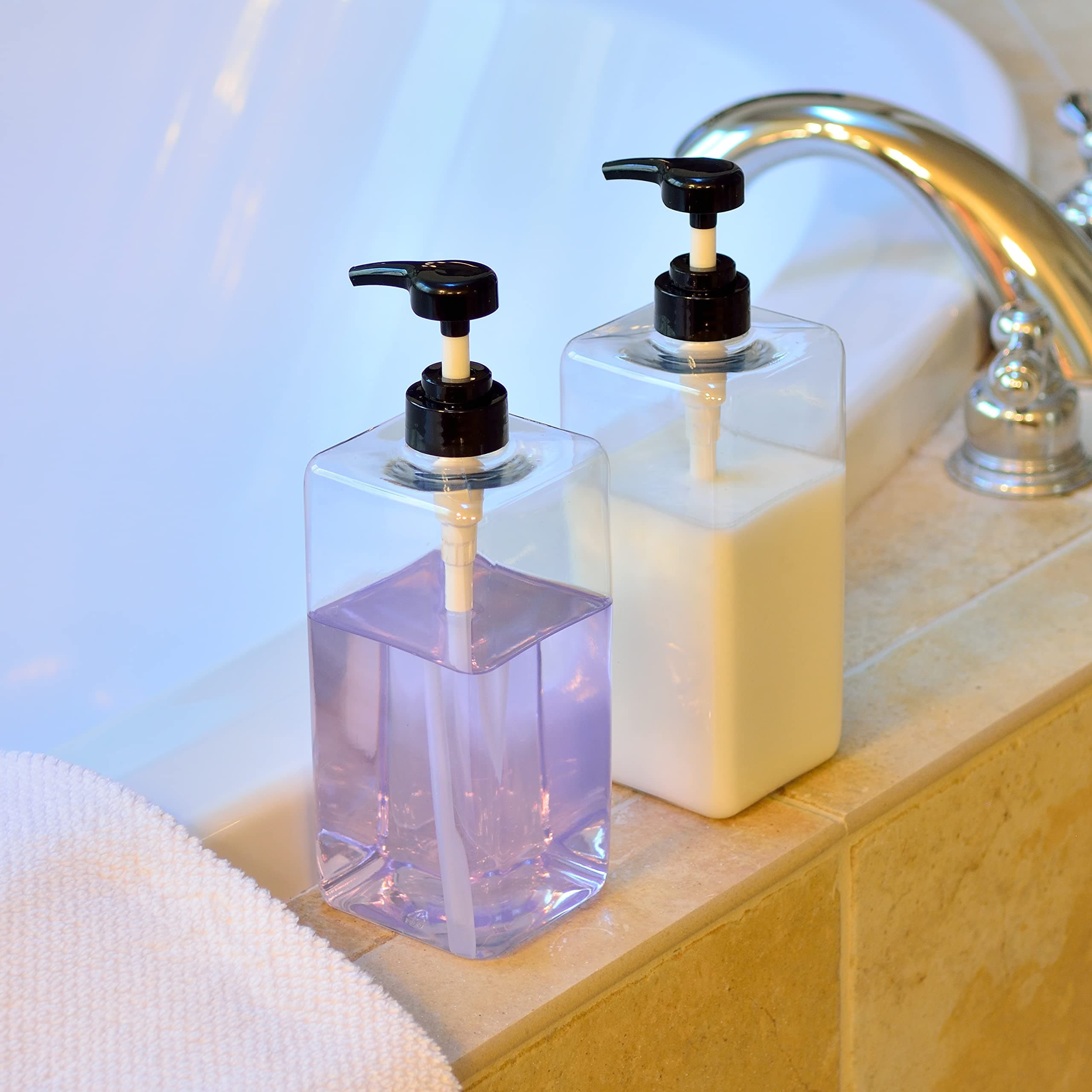 Youngever 3 Pack Pump Bottles for Shampoo 32 Ounce (1 Liter), Empty Shampoo Pump Bottles, Plastic Square with Lockdown-Leak Proof-Pumps (Clear)