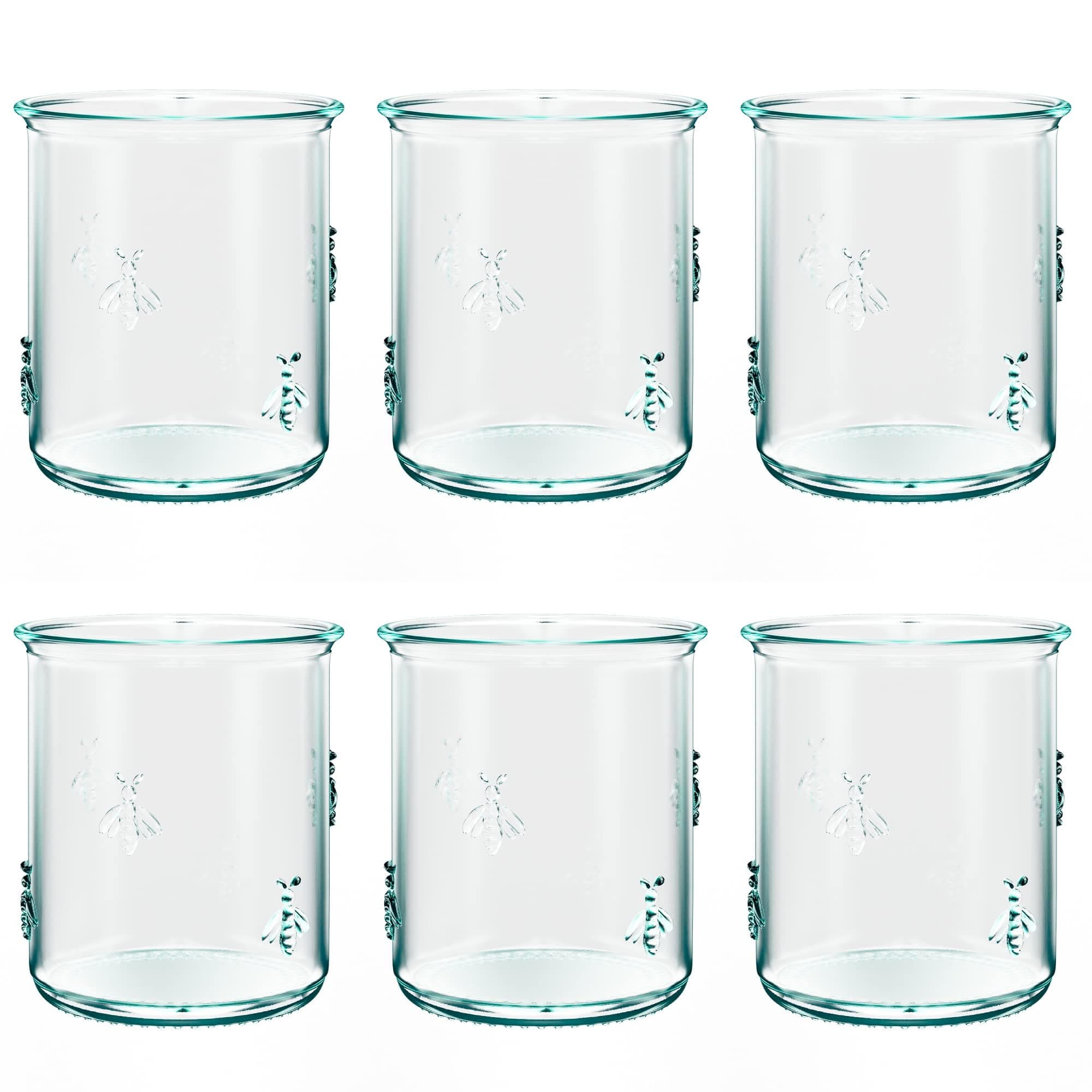 Regina DOF Glass | 12 Oz | Italian Made, Recycled Green Glass | Drinking Glass with Embossed Bee Design for Water, Juice, Iced Tea, Cocktails (Set of 6)