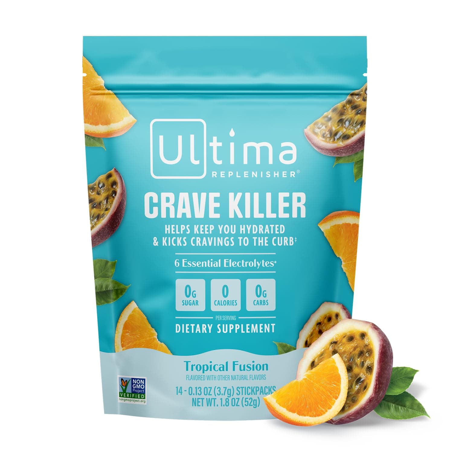 Crave Killer Supplement and Electrolytes Powder – Tropical Fusion, 14 Stickpacks – Hydration Packets that Kick Cravings to The Curb