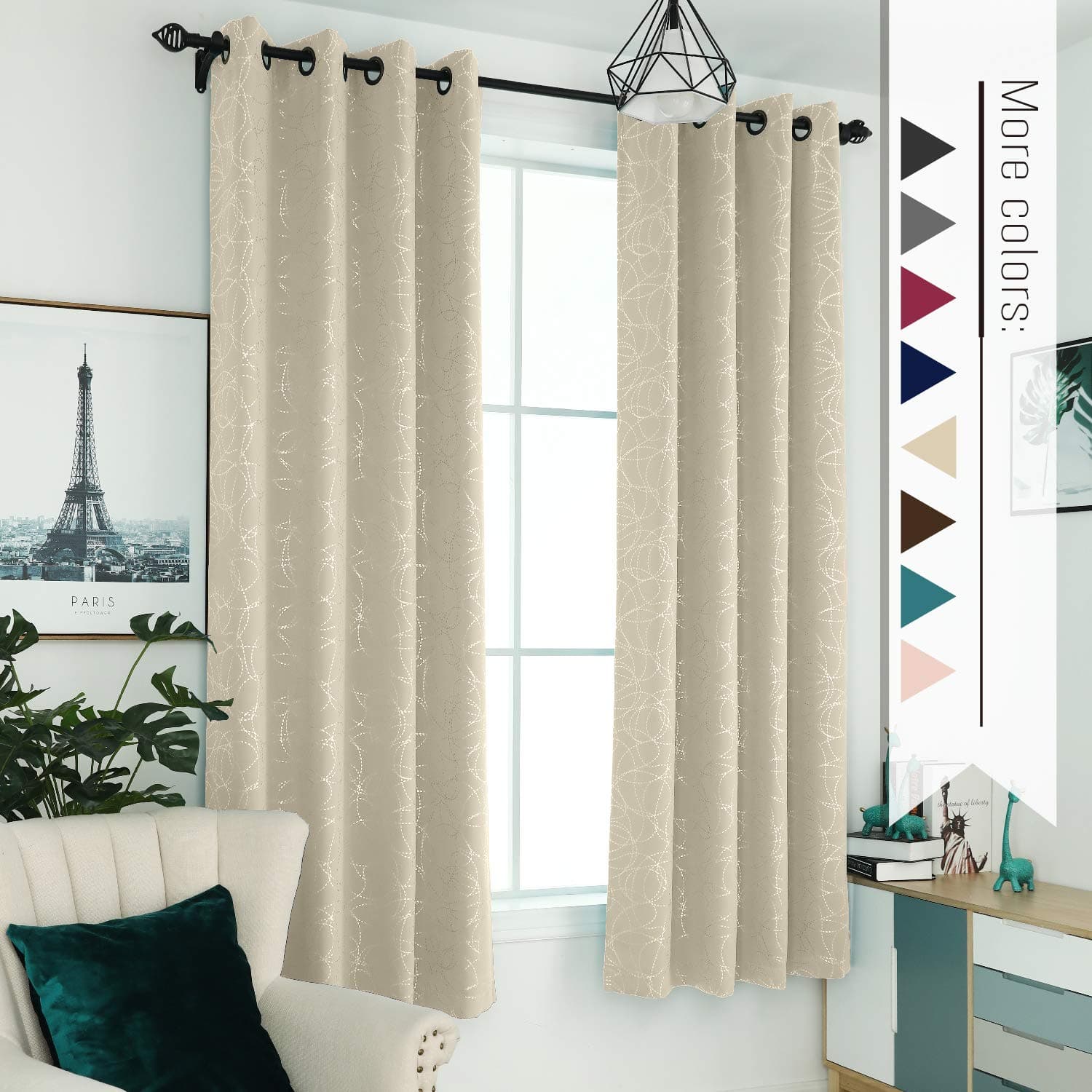 Sophia & William 52" W x 95" L Window Curtains with Grommets Thermal Insulated, Hot Stamping (Silver) Stitched Swirl Pattern - 2 Panels, Pearled Ivory