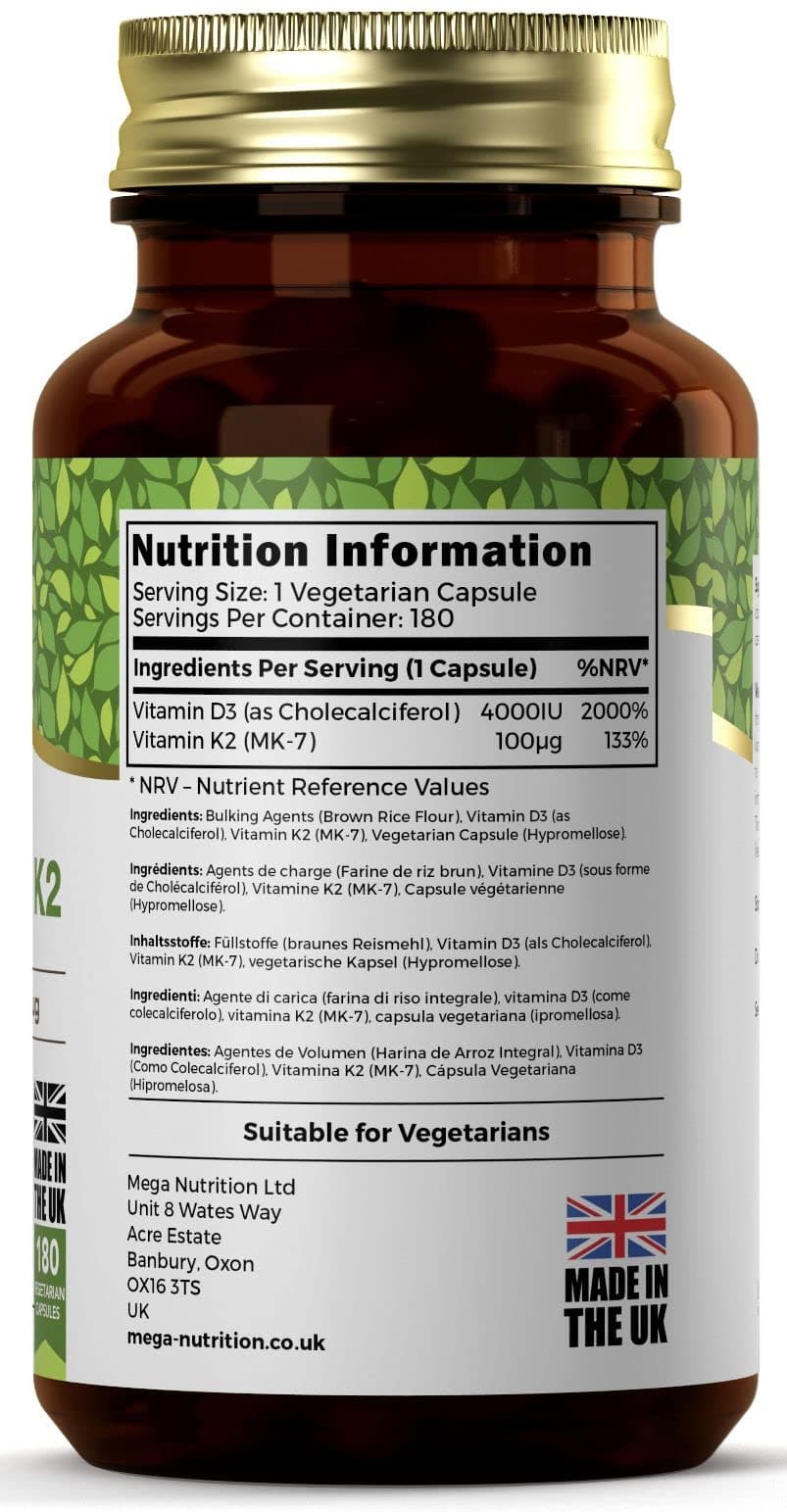 Ezyleaf Vitamin D3 4000iu & K2 100μg Capsules | 180 VIT D High Strength MK7 Supplement | VitK2 MK7 100mcg | Vitamin D3 K2 | Clean Fillers, Non-GMO Gluten & Allergen Free | Made in UK