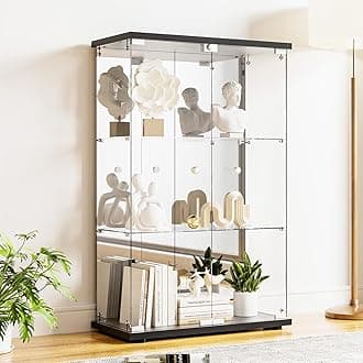 Glass Display Cabinet 3-Shelf with Door, Lock and Mirror,5mm Tempered Glass Floor-to-Ceiling Glass Bookcase for Bedroom, Living Room, Black