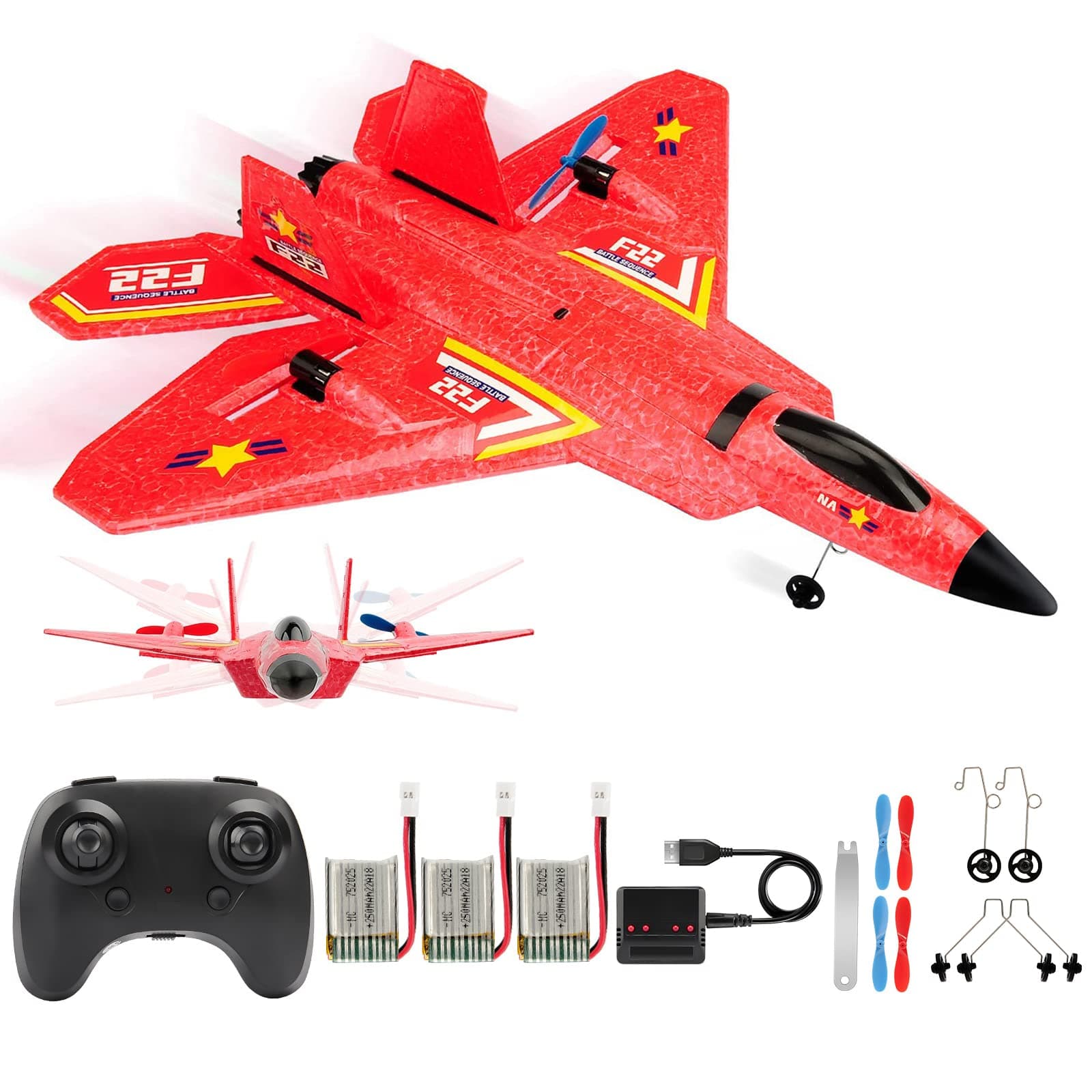 ANTSIR Remote Control Plane RTF F-22 Raptor, 2.4Ghz 6-axis Gyro RC Airplane with Light Strip, Jet Fighter Toy Gift for Kids Beginner (Red)