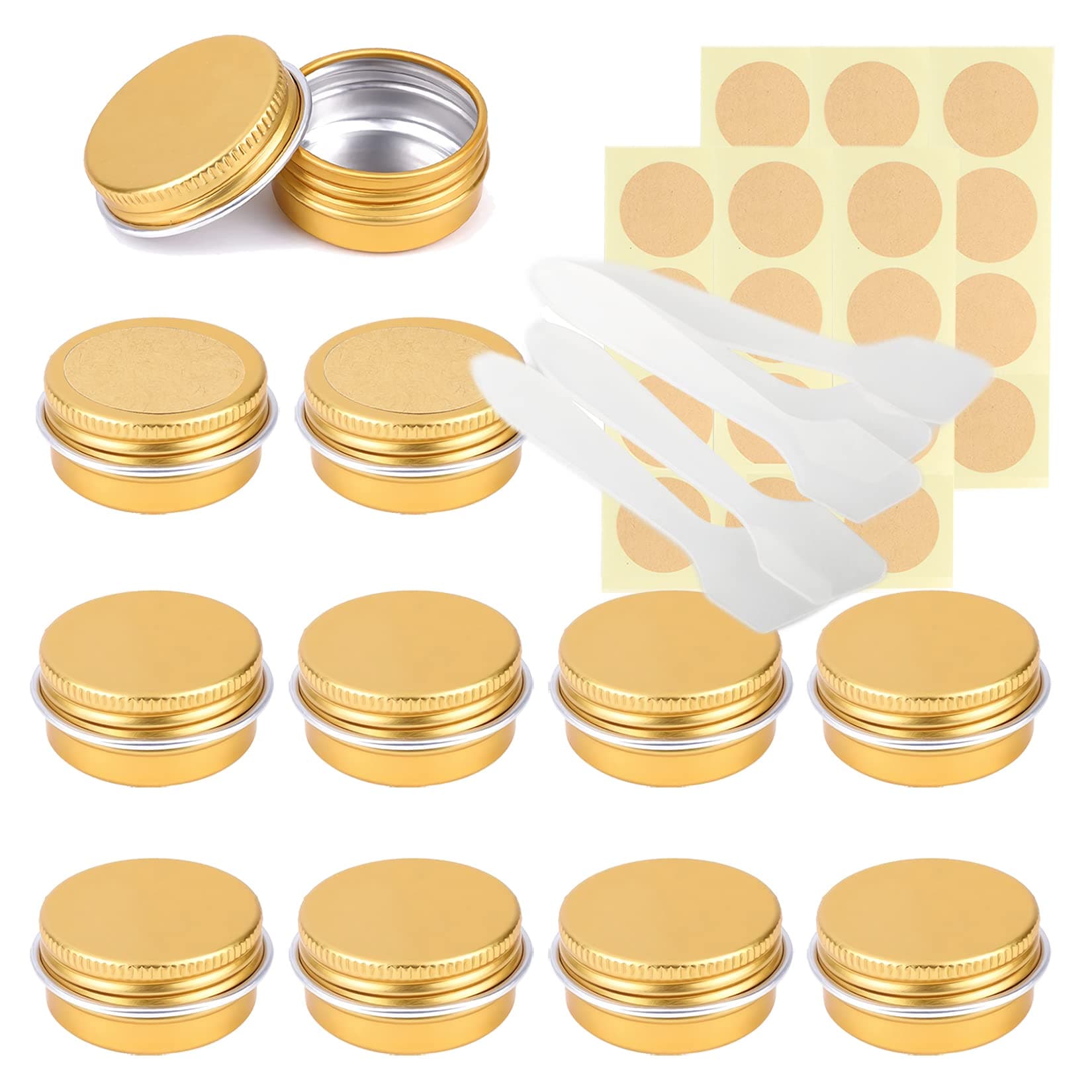 LusDoly Pack of 100 Empty 10ml Gold Aluminium Tins with Lids - Ø35x17mm Round Aluminum Screw Pots Travel Round Cosmetic Cream Container Jars for Candle Lip Balm, Salve with Spatulas & Labels