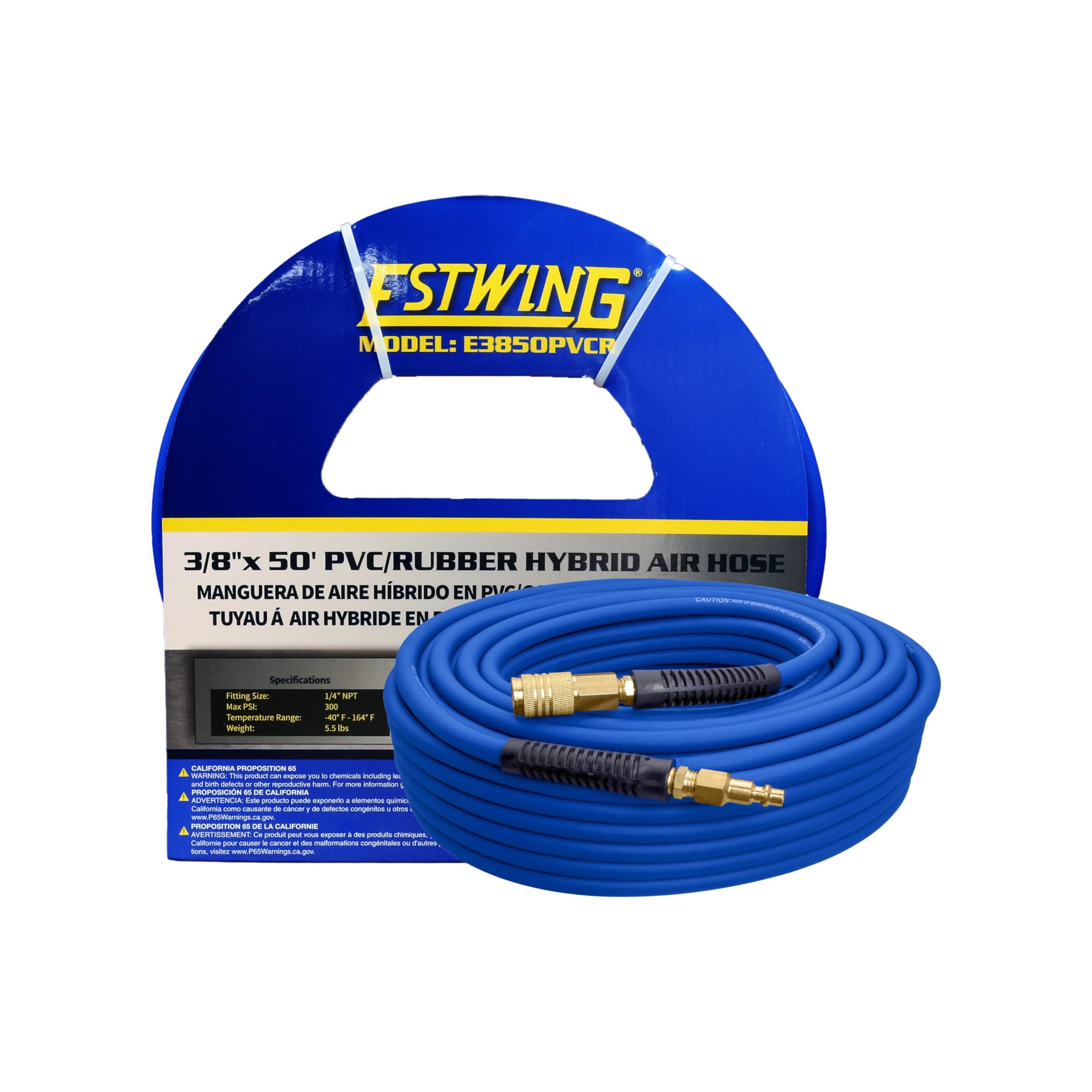 E3850PVCR 3/8" x 50' PVC/Rubber Hybrid Air Hose with 1/4" Brass Fittings, Blue