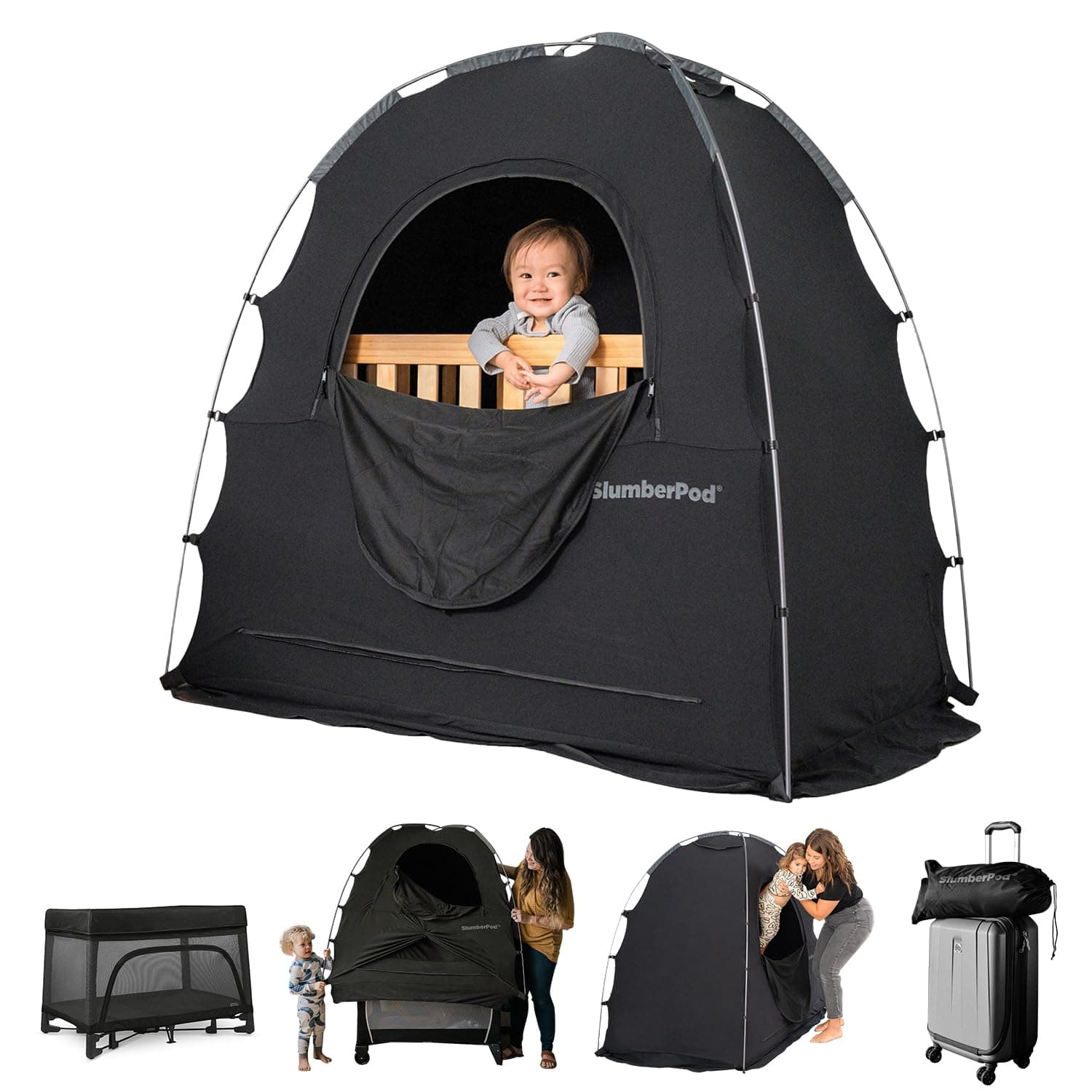 SlumberPod and Fan Combo Portable Privacy Pod Blackout Crib Cover, Sleeping Room for Age 4 Months and up, Pack N Play Blackout Curtains, Baby Travel Crib Canopy (Black/Grey)
