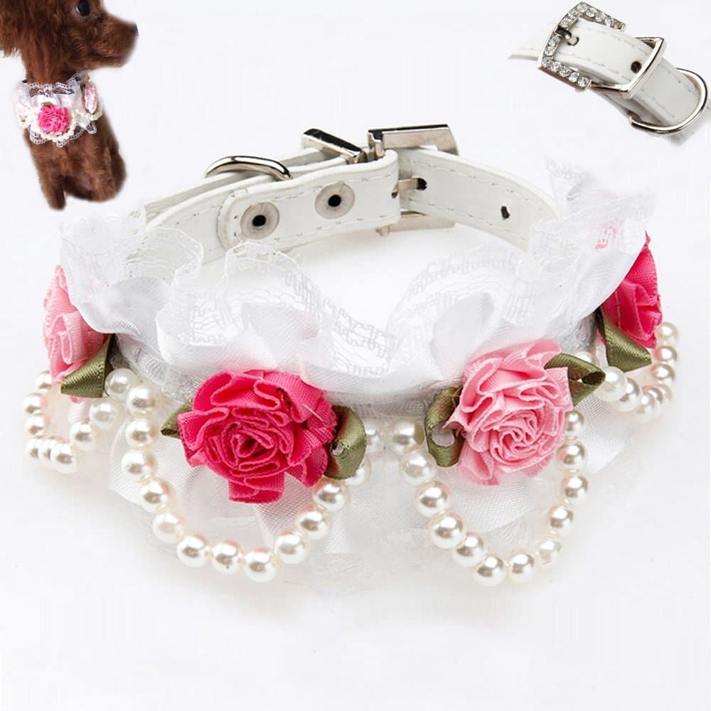 Bro'Bear PU Leather Adjustable Beaded Pet Necklace Dog Puppy & Cat Kitty Buckle Collar with 4 Strings of Pearls, Lace, Rhinestone & 4 Flowers for Small Animals Everyday Walking/Party/Holiday/Wedding/Birthday Accessories (White, Medium)