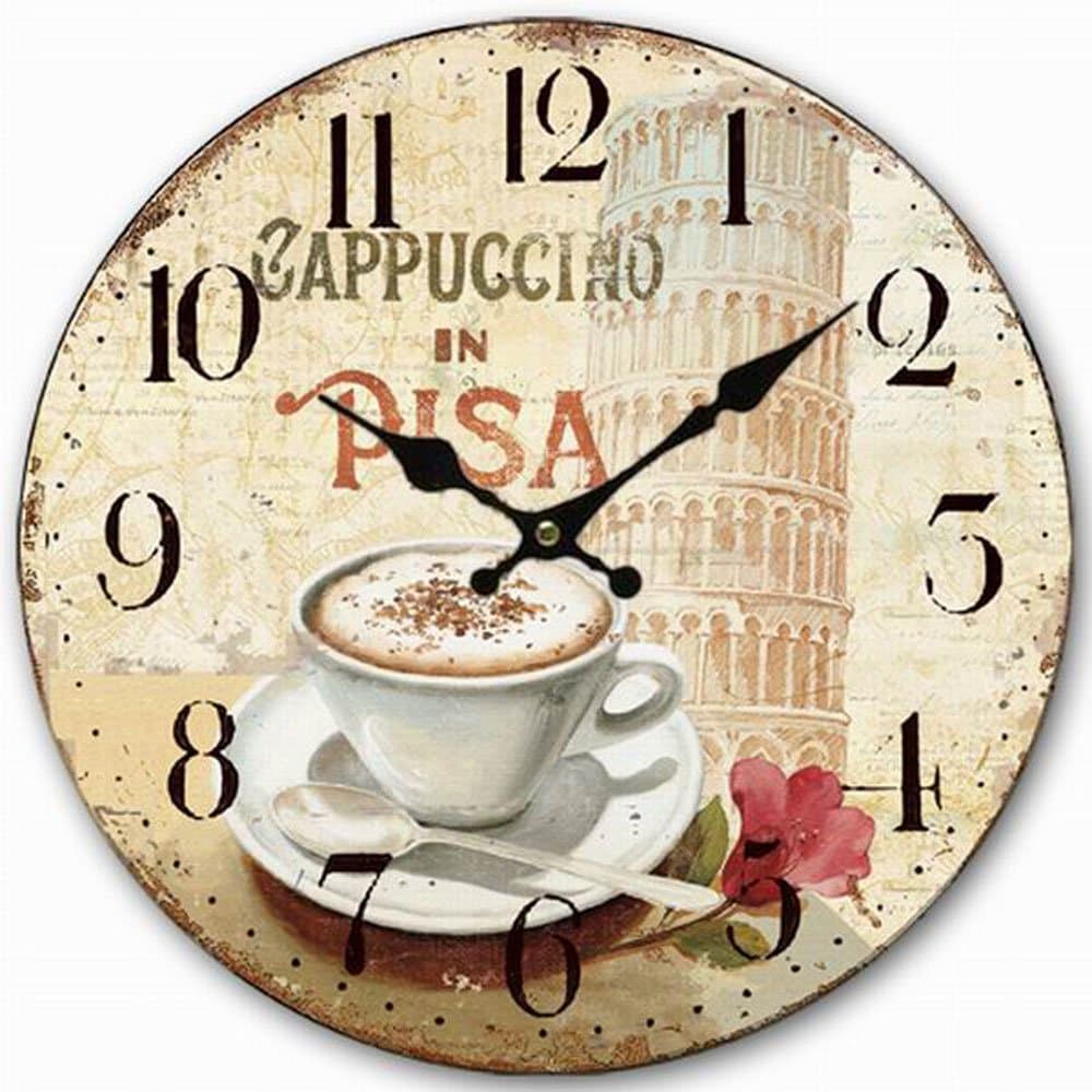 HQF Italian Wall Clock,16" Silent Wall Clocks Coffee & Torre di Pisa Style Vintage Rustic Clocks Farmhouse Clock Upgraded Movement MDF Wooden for Living Room Bedroom Kitchen Decor