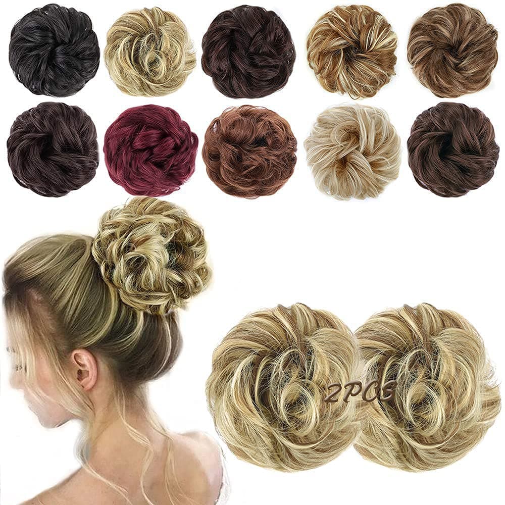 Messy Hair Bun Extensions 2PCS Curly Wavy Messy Synthetic Chignon Hairpiece Scrunchie Scrunchy Updo Hairpiece for women (Light Blonde & Light Brown)