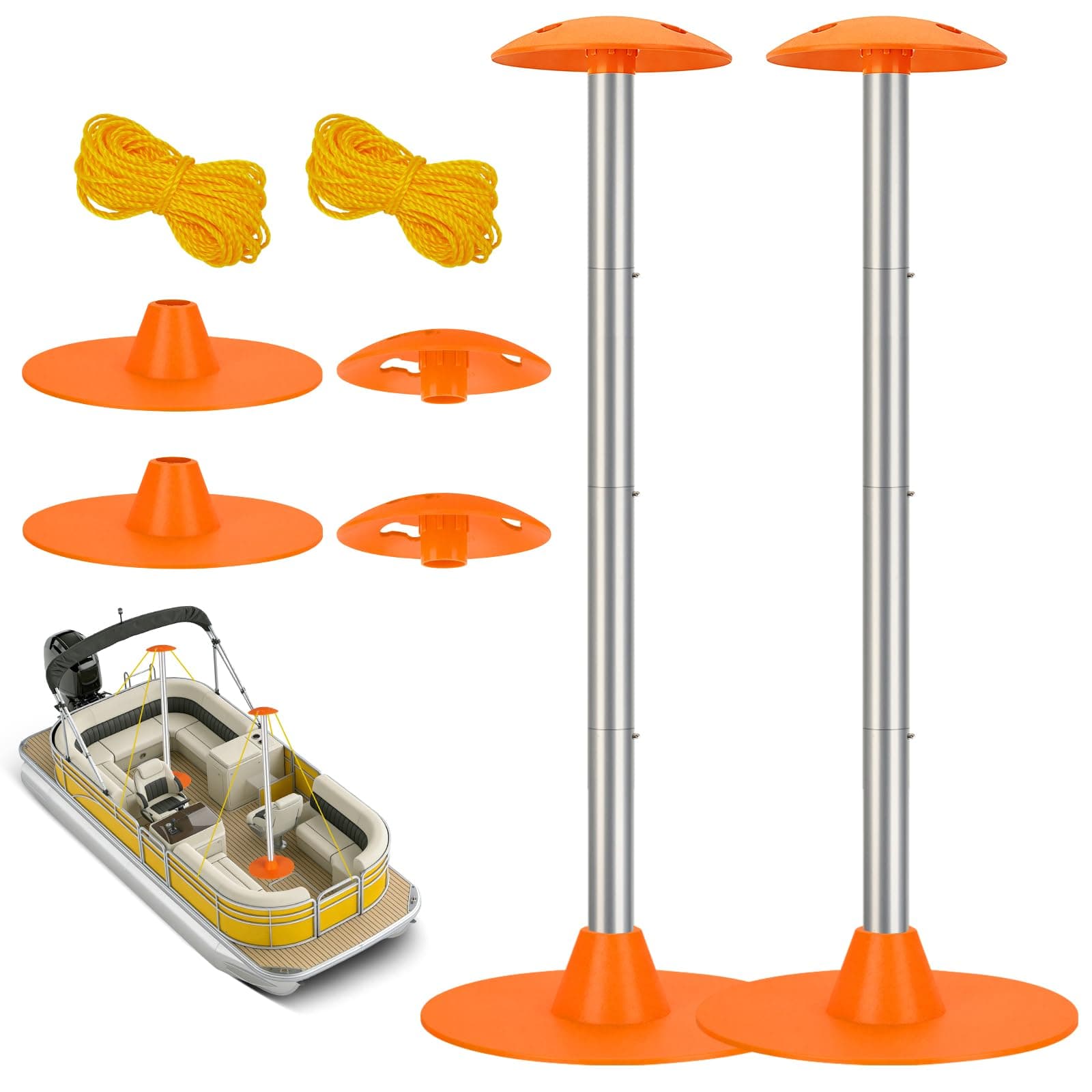 Boat Cover Support Pole Systems with Anti-UV PE Ropes & 9" ABS Base, Highly Stable Windproof Support Pole - Adjustbale 1-1/8" in Diameter for V-Hull/Pontoon/Jon Boat Cover (2 Pack)