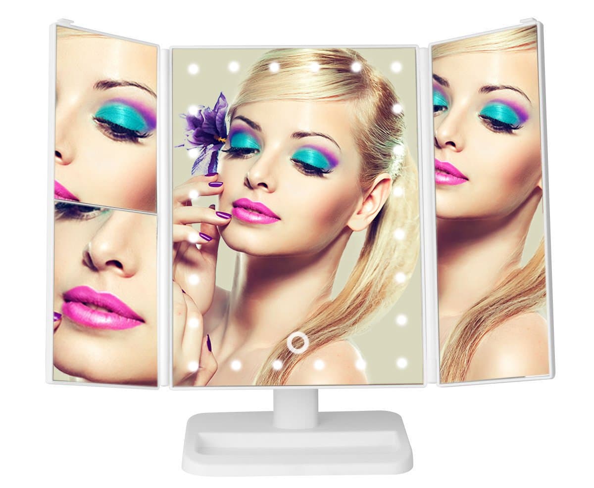 Led Lighted Vanity Mirror Make Up Tri-Fold with 24Pcs Lights 180 Degree Free Rotation Table Countertop Cosmetic Bathroom Mirror Touch Screen 1x/2x/3x Magnification and Usb Charging (White)