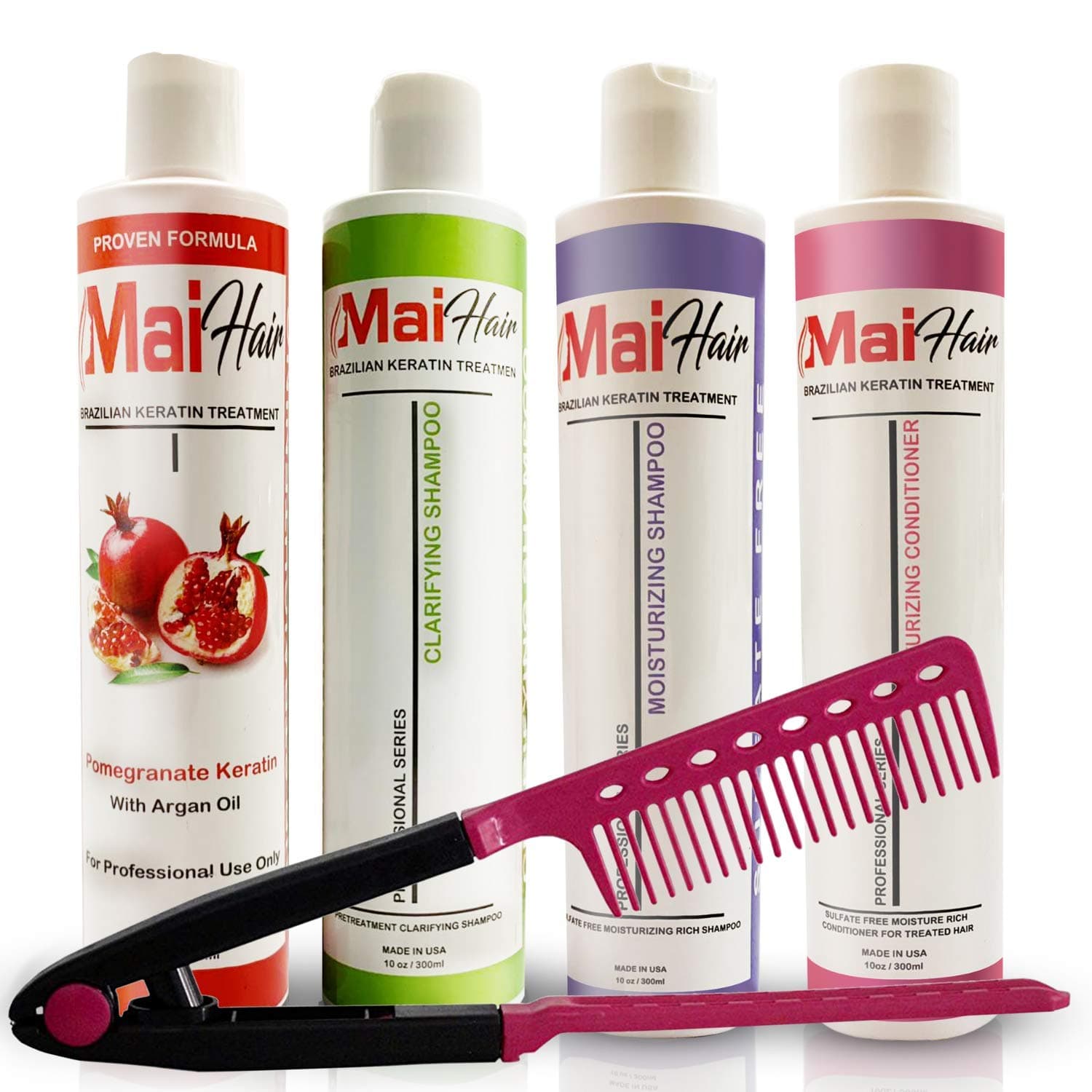 Complex Brazilian Keratin Treatment – Clarifying Shampoo – Moisturizing Shampoo and Conditioner for Keratin Treated Hair Set of 4 Bottles and Easy Comb (10 ounce/300ml)