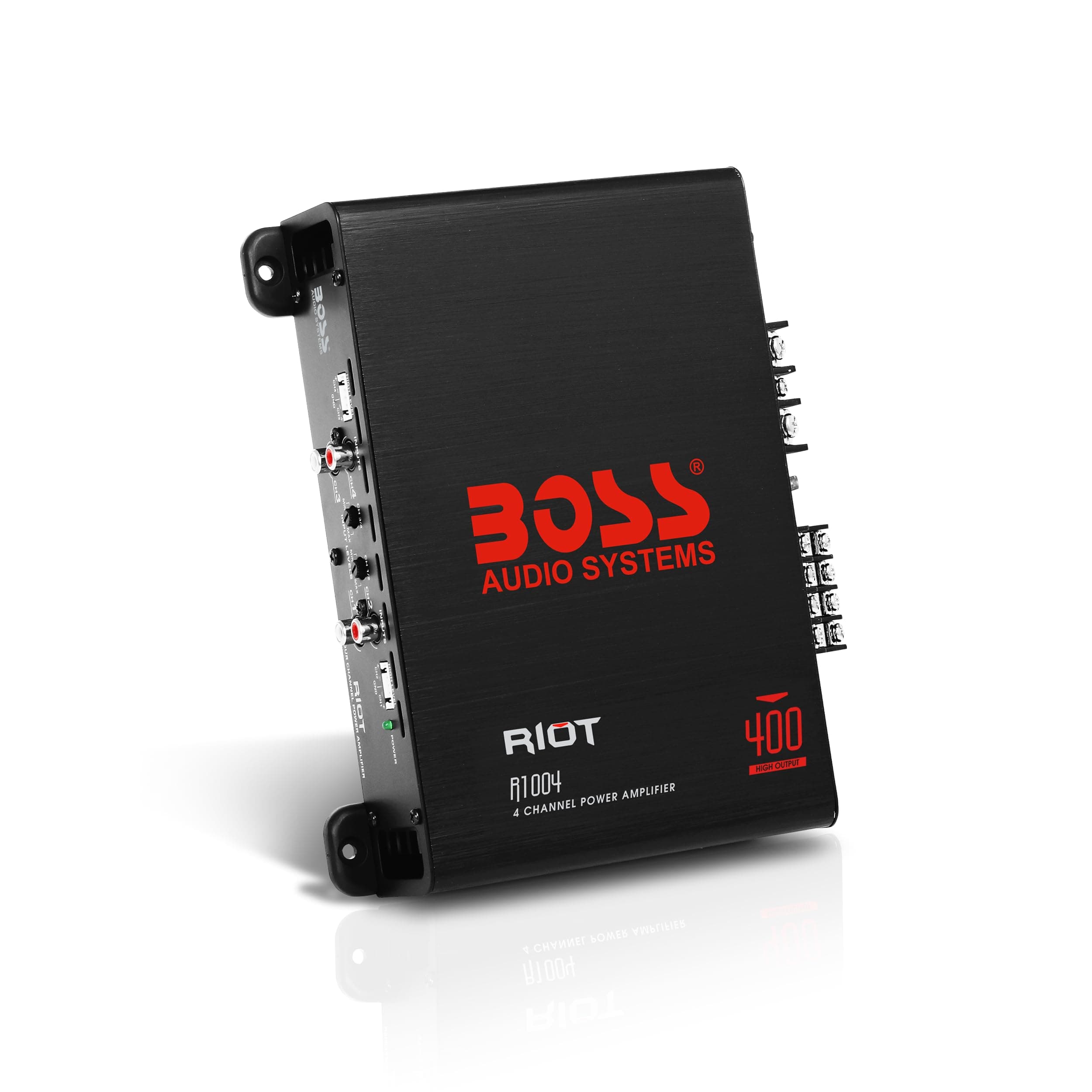 BOSS Audio Systems R1004 4-Channel Car Amplifier - Riot Series 400W Full Range A/B Stable 2 Ohm Drive with IC (Integrated Circuit) Perfect for Car Speakers & Car Stereos 400W 4 Channel A/B Class Black