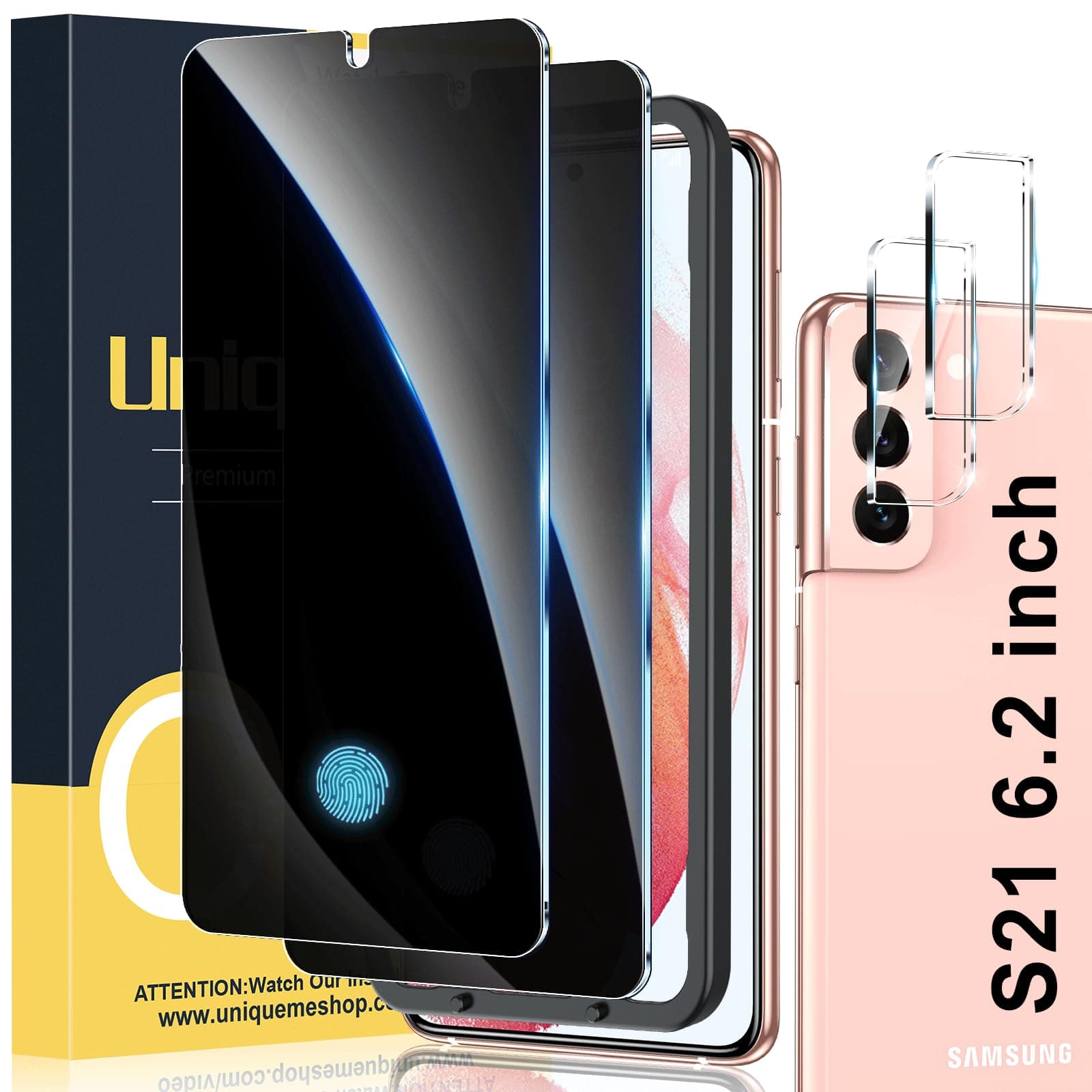 UniqueMe [2+2 Pack] Compatible with Samsung S21 Privacy Screen Protector Tempered Glass and Camera Lens Protector, Anti Spy [Easy Installation Frame] Bubble Free