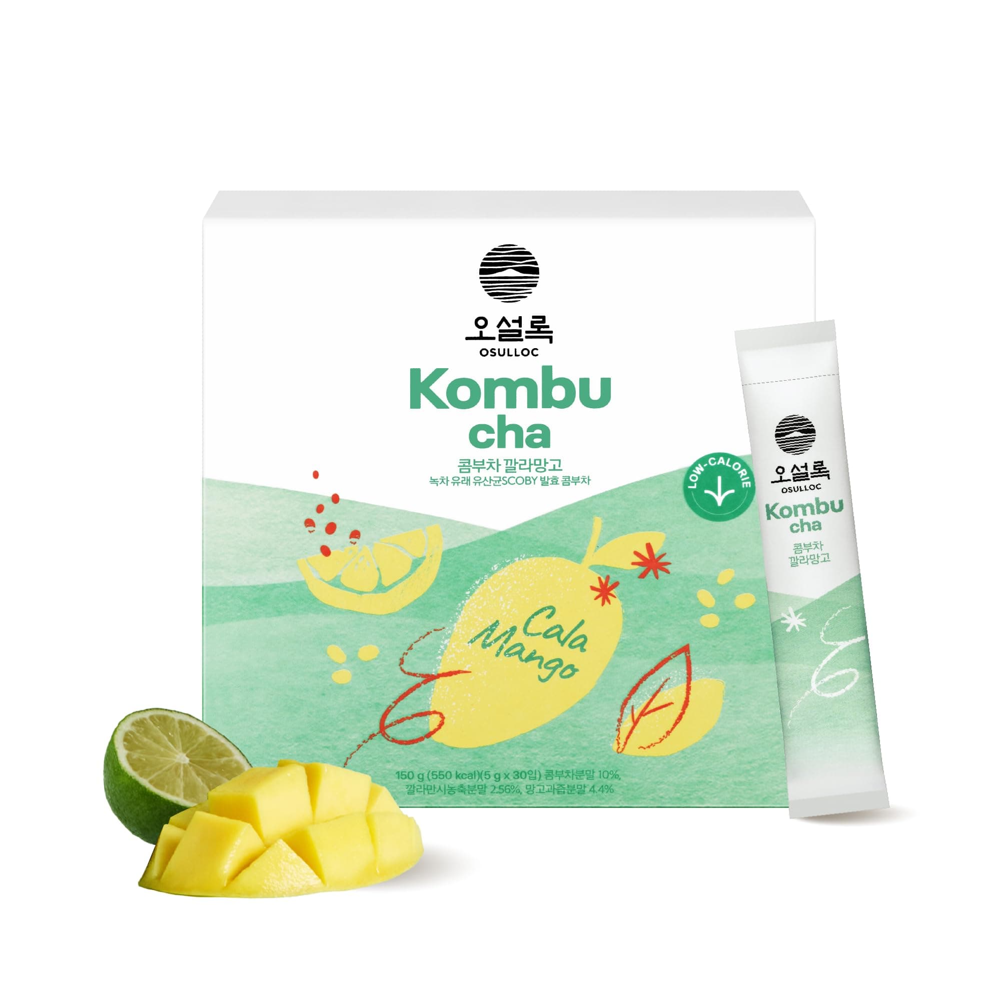 Osulloc Kombucha Tea Calamango (Calamansi & Mango Blending), Bubbly Powder Blended Drink, No Added Sugar, 30 Sticks, 150 ml