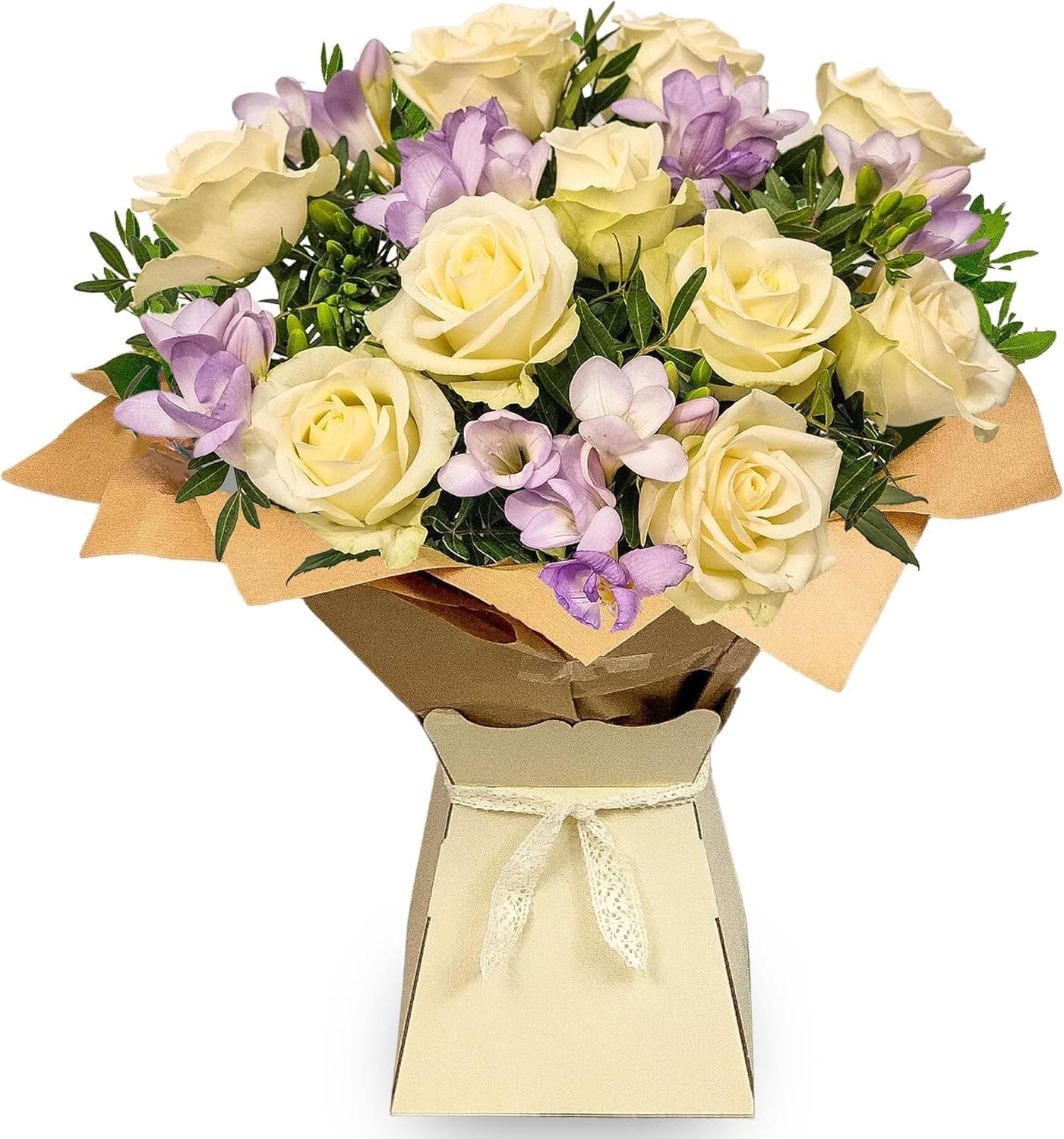 Rose & Freesia Bouquet With White Roses, Lilac Freesia & Foliage - Gift For Birthday, Anniversary, Thanks