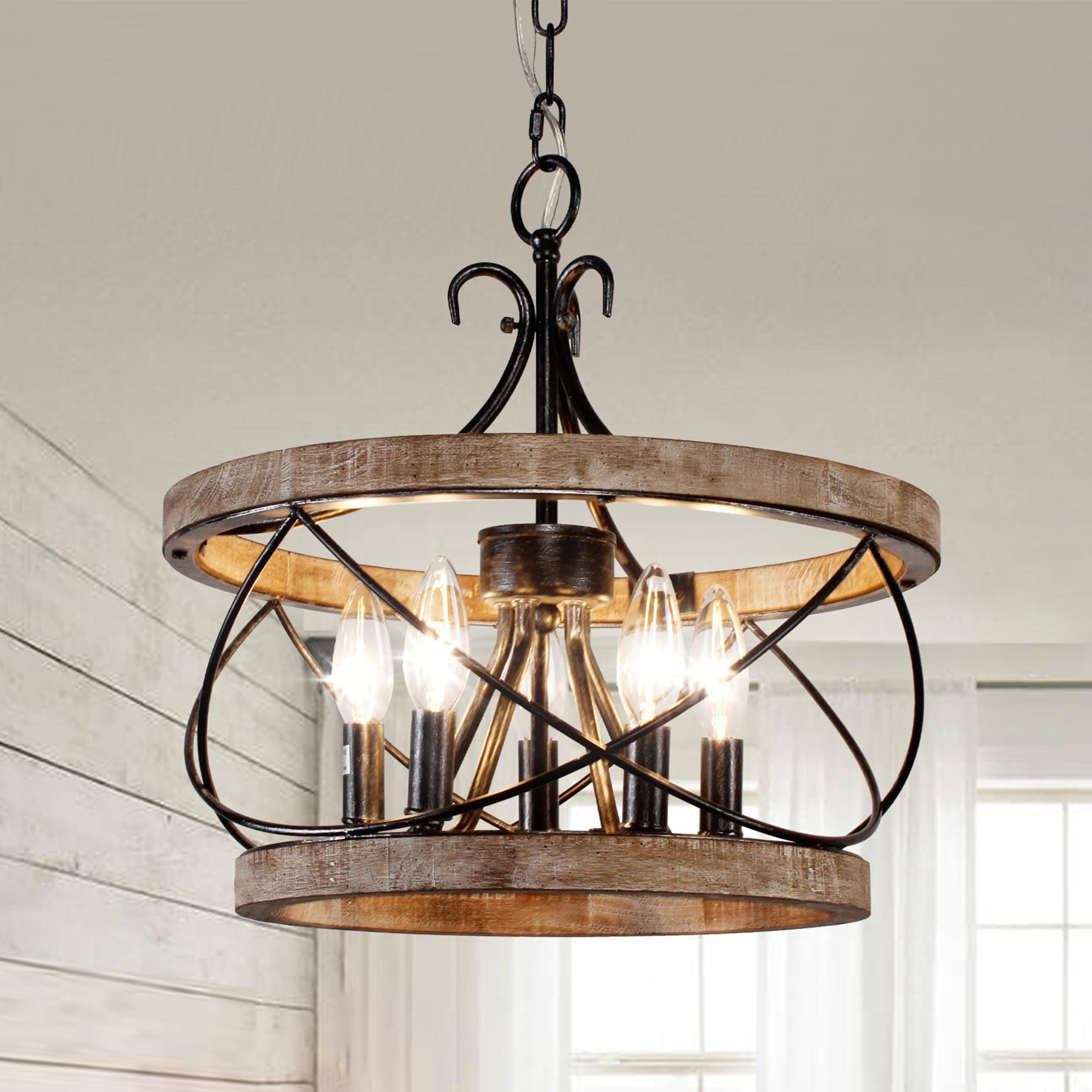 15.7" Farmhouse Chandelier, 5-Light Rustic Drum Chandelier Light Fixture Over Table, Hanging Lamp,Wood Chandelier for Dining Room, Kitchen