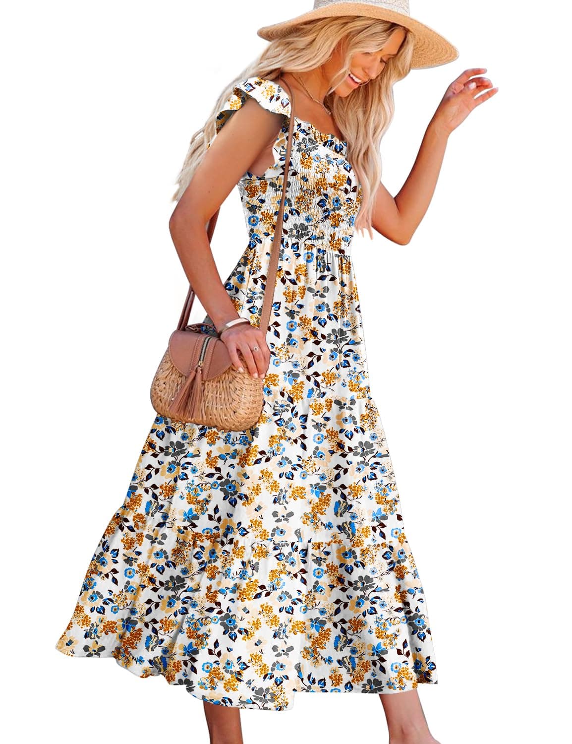 YESNO Women Summer Ruffled Off Shoulder Maxi Dress Smocked Floral Printed Casual Dress with Pockets E17