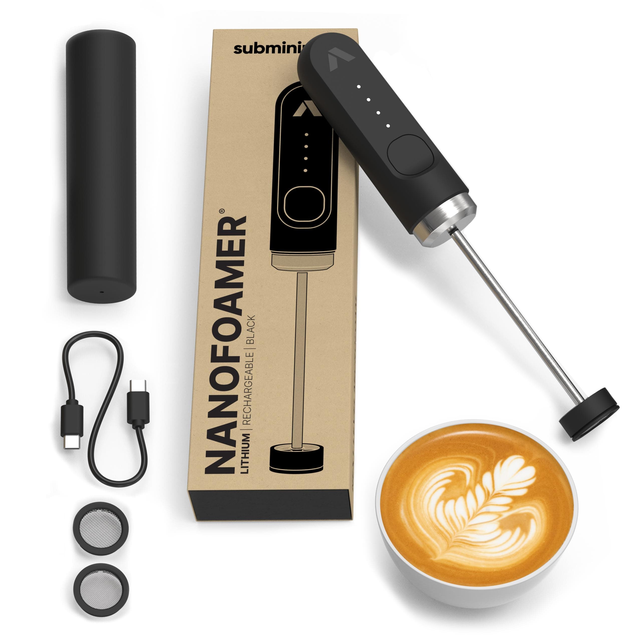 Subminimal NanoFoamer Lithium Performance Milk Foamer | USB-C Rechargeable, IP4 Waterproof, Dual-Speed, Stainless Steel | Premium Microfoamed Milk in 30 Seconds, Barista-Style Coffee Drinks at Home