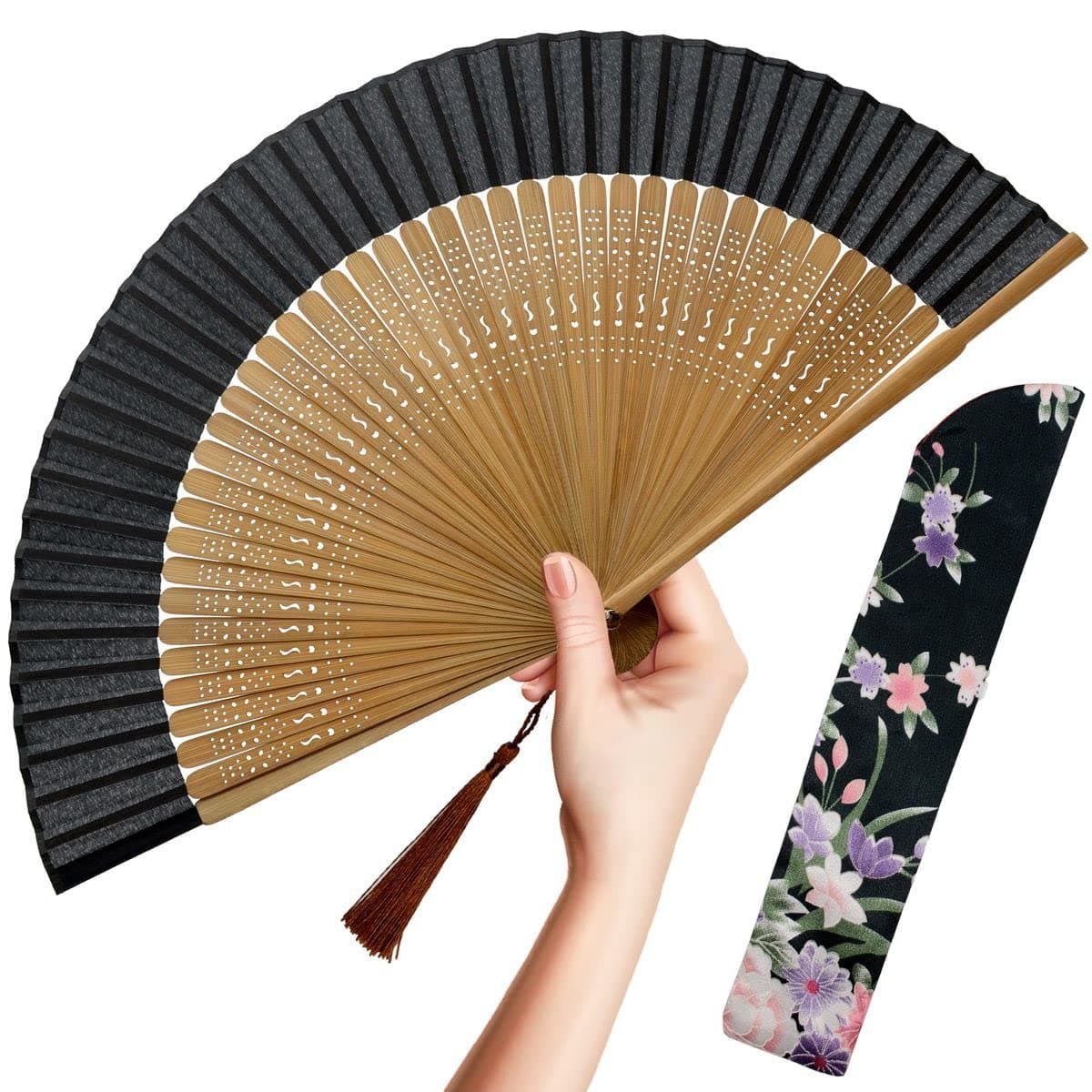 OMyTea Folding Hand Fan for Women - Foldable Chinese Japanese Vintage Bamboo Silk Fan - for Hot Flash, Church, Decoration, EDM, Music Festival, Dance, Party, Performance, Gift (Sexy Bamboo)