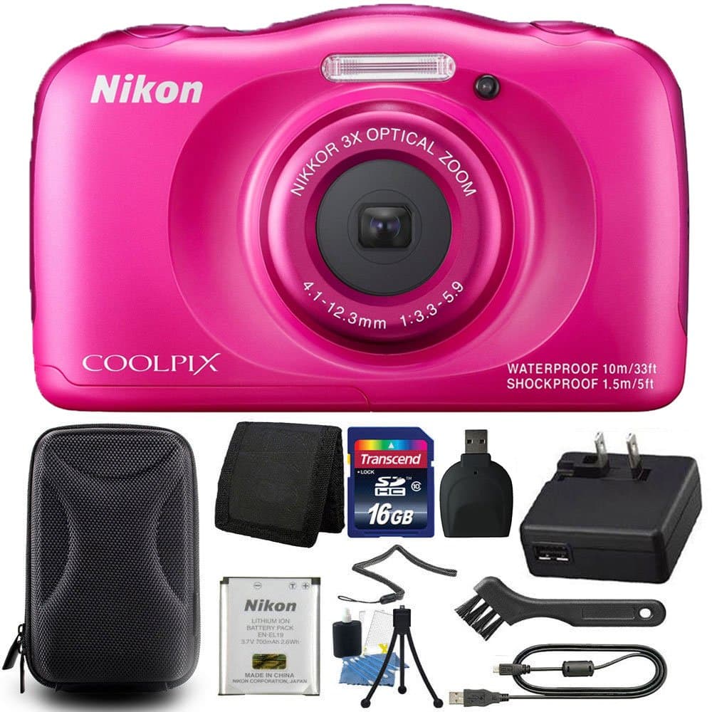 Nikon Coolpix S33 Pink Waterproof Digital Camera + Premium Accessory Bundle