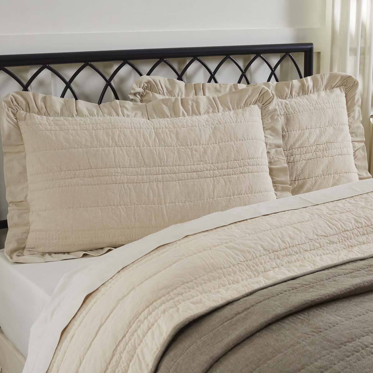 Ruffled Chambray Natural Luxury Sham 21x37 Farmhouse Style