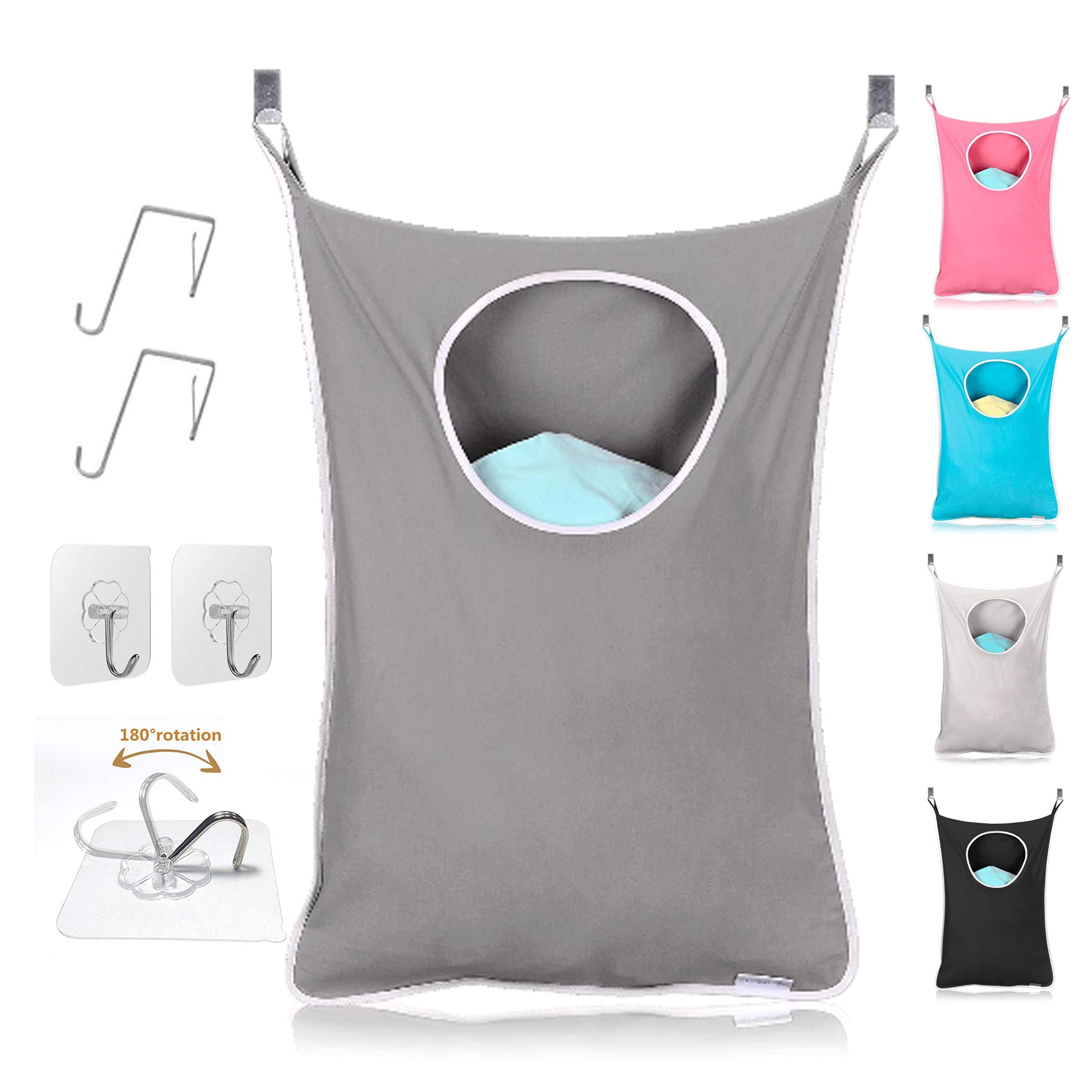 SupermomSuperMom SuperMom Over The Door Hanging Laundry Hamper with Stainless-Steel Hooks – Large Size – Gray