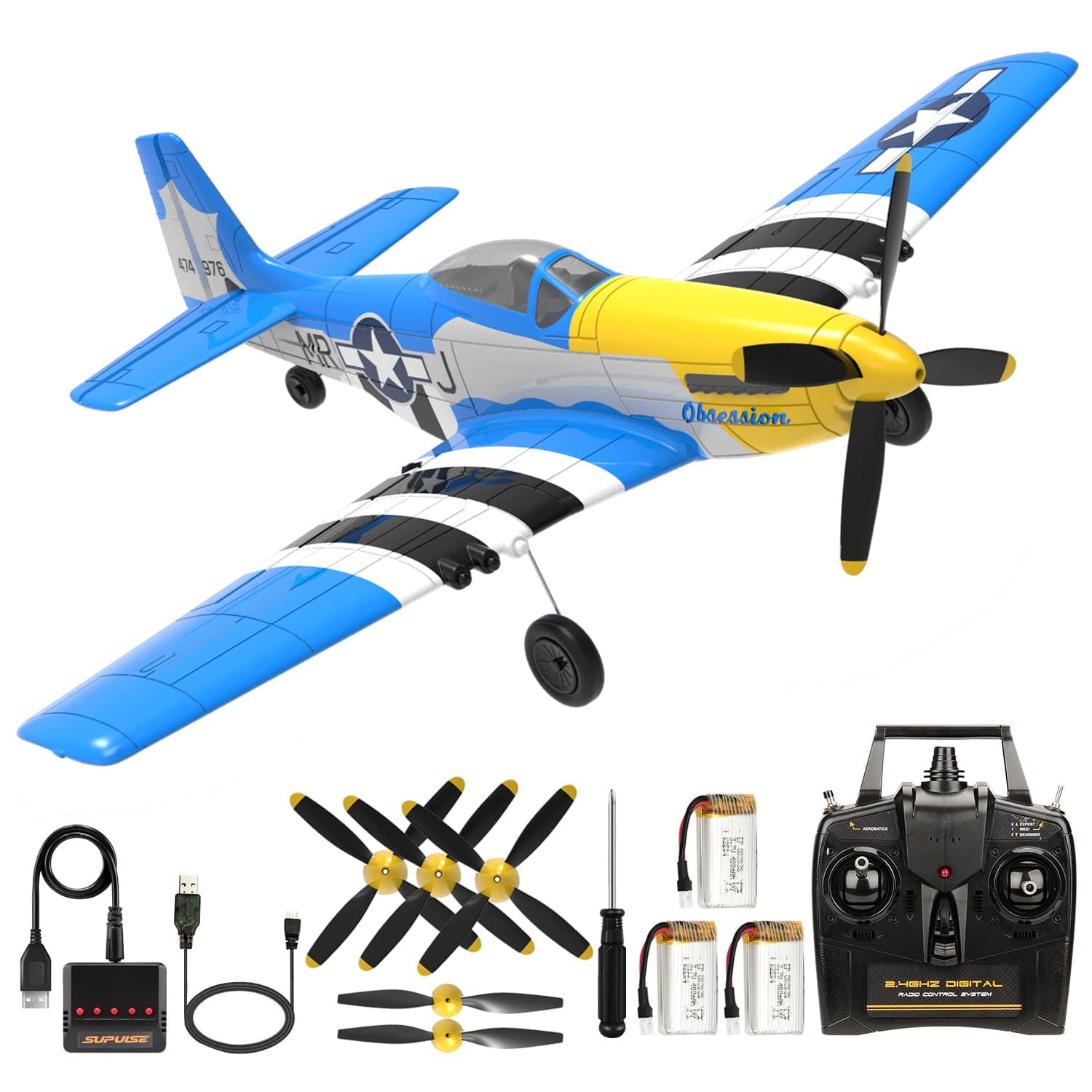Remote Control Airplane for Adults P51 Mustang, 4 Channel RC Plane with 6-Axis Gyro Aerobatic, WW2 Warbird Fighter Glider Park Flyer Gift