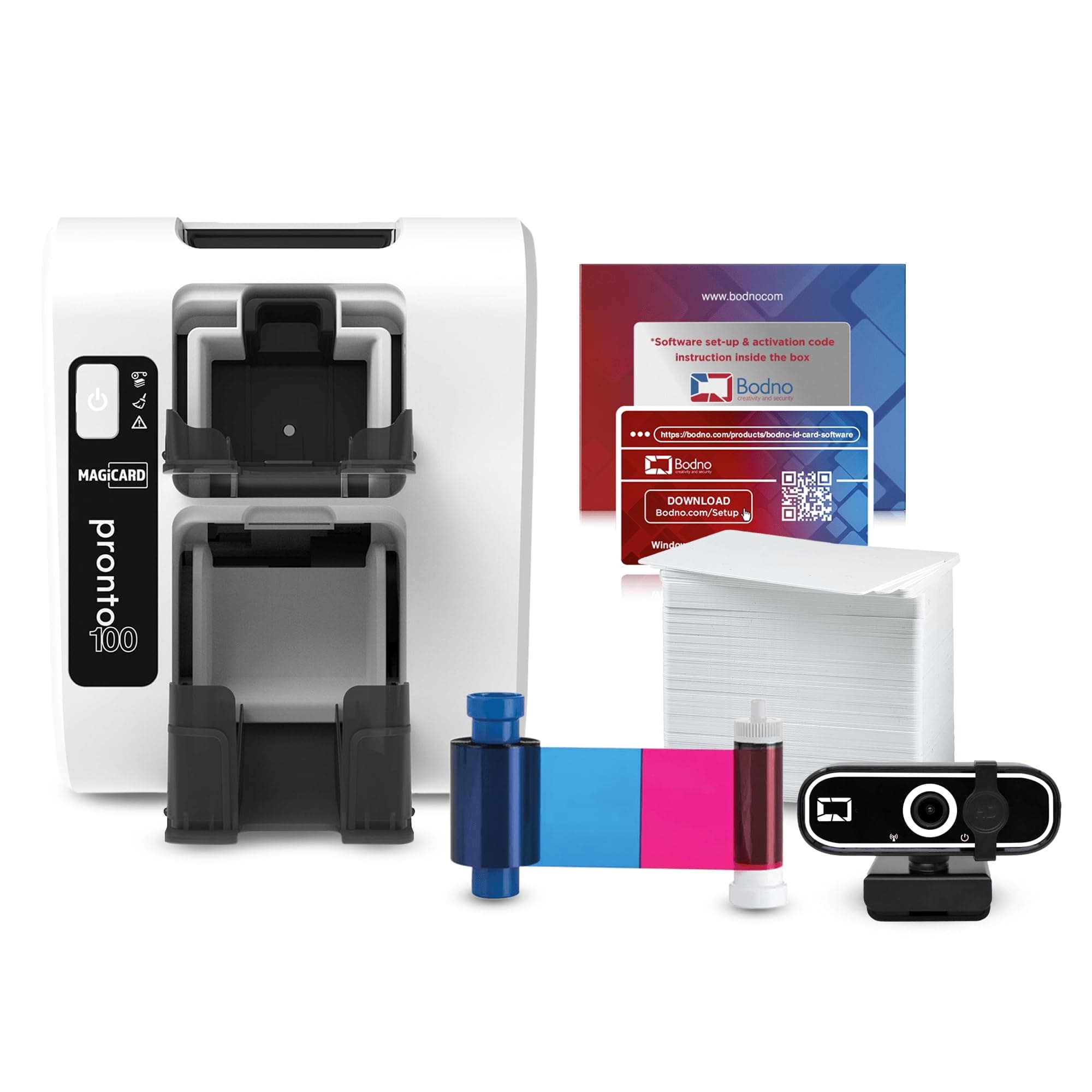 Bodno Magicard Pronto 100 ID Card Printer & Complete Supplies Package ID Software and Camera - Bronze Edition