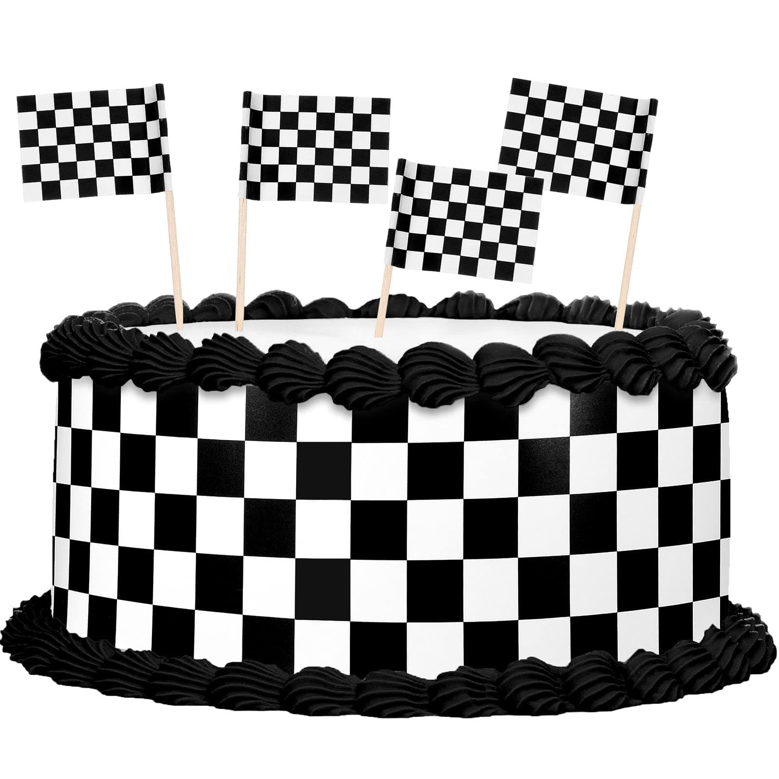 32 Pieces Racing Cake Borders Black and White Checks Flag Cake Toppers Racing Flag Cake Toppers for Birthday Party Decorations