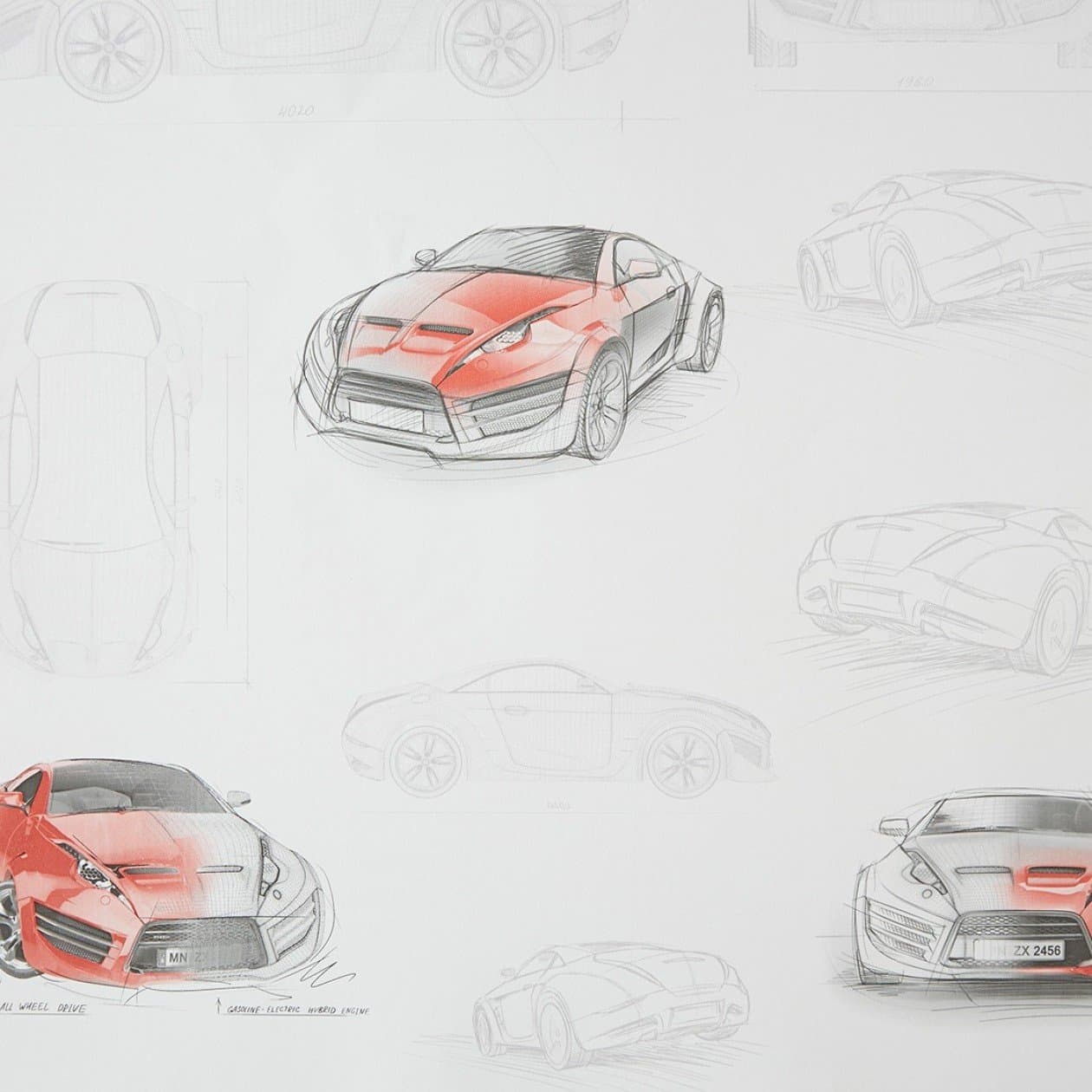 Caselio Only Boys 64738010 Wallpaper with White Background Cars Sketches and Drawings in Red