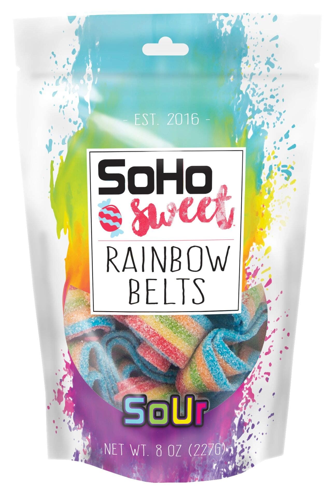 SoHo Sweet Sour Rainbow Belts Bag - 8 Oz, Chewy Sour Candy, Resealable Bag, Shareable, Non-GMO