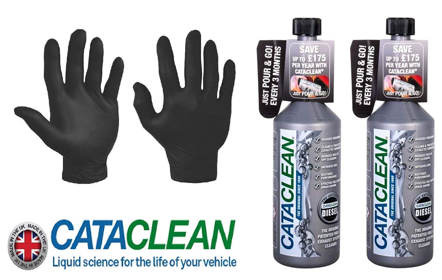 2 x Cataclean Diesel Engine and Catalytic Converter Cleaning Treatment & Pair Of Black Nitrile Gloves