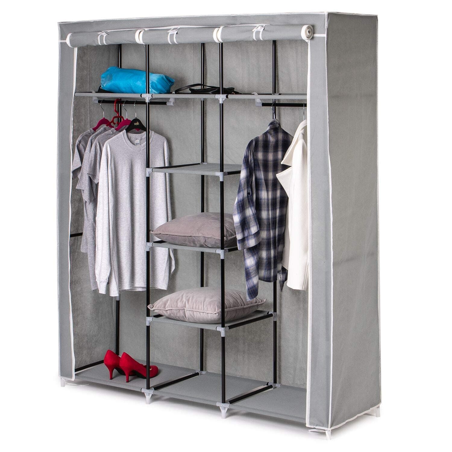 Home Treats Large Grey Canvas Wardrobe | Hanging Rail Clothes Closet Storage Shelves Organiser For Kids & Adults Bedroom.171 x 146 x 46 cm