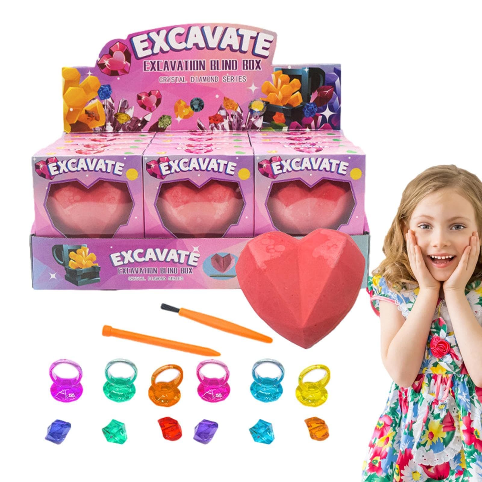 Gemstone Dig Kit | Gem Dig Kit, Dig up 12 Gemstones Rings - Gemstone Collection Gem Dig Mining Kit for Kids, Boys & Girls, Digging Heart Shape Plaster Generic