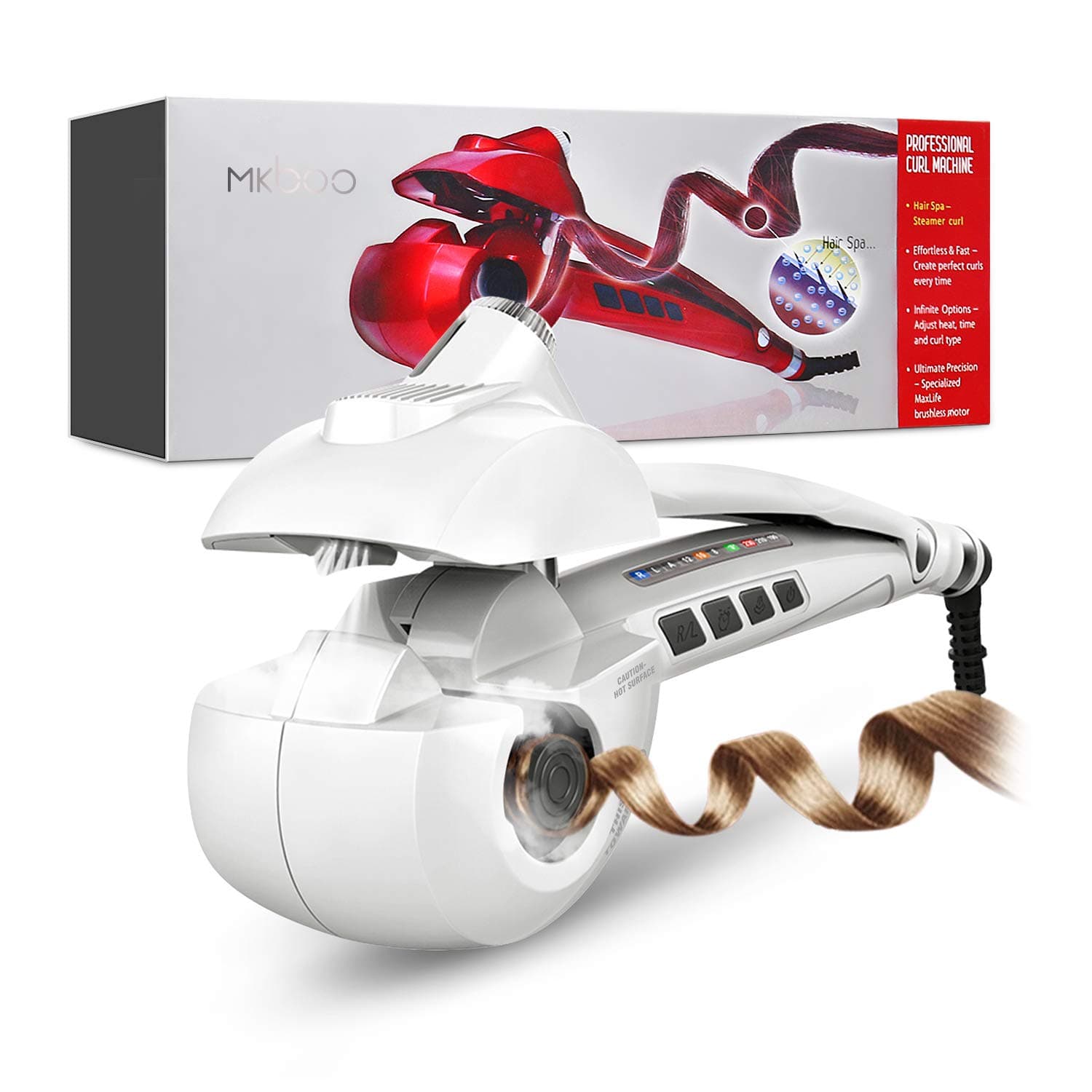 Curling Iron - MKBOO Automatic Hair Steam Curler Ceramic Curling Wand Salon Professional Rotating Styling Tool With 3 Heat Levels, 3 Timers, 3 Curls Directions, Auto Off