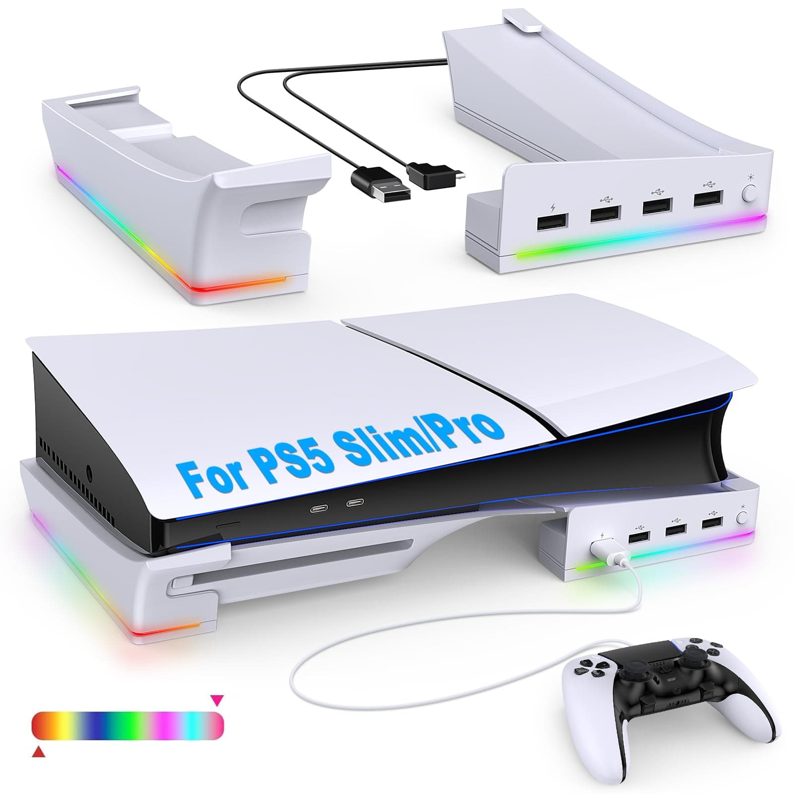 FASTSNAIL Horizontal Stand with RGB LED Light for New PS5 Slim Console,Stand Holder Accessories with 14 Light Modes and 4-Port USB Ports, Non-Slip Base for PlayStation 5 Slim Disc&Digital Edition