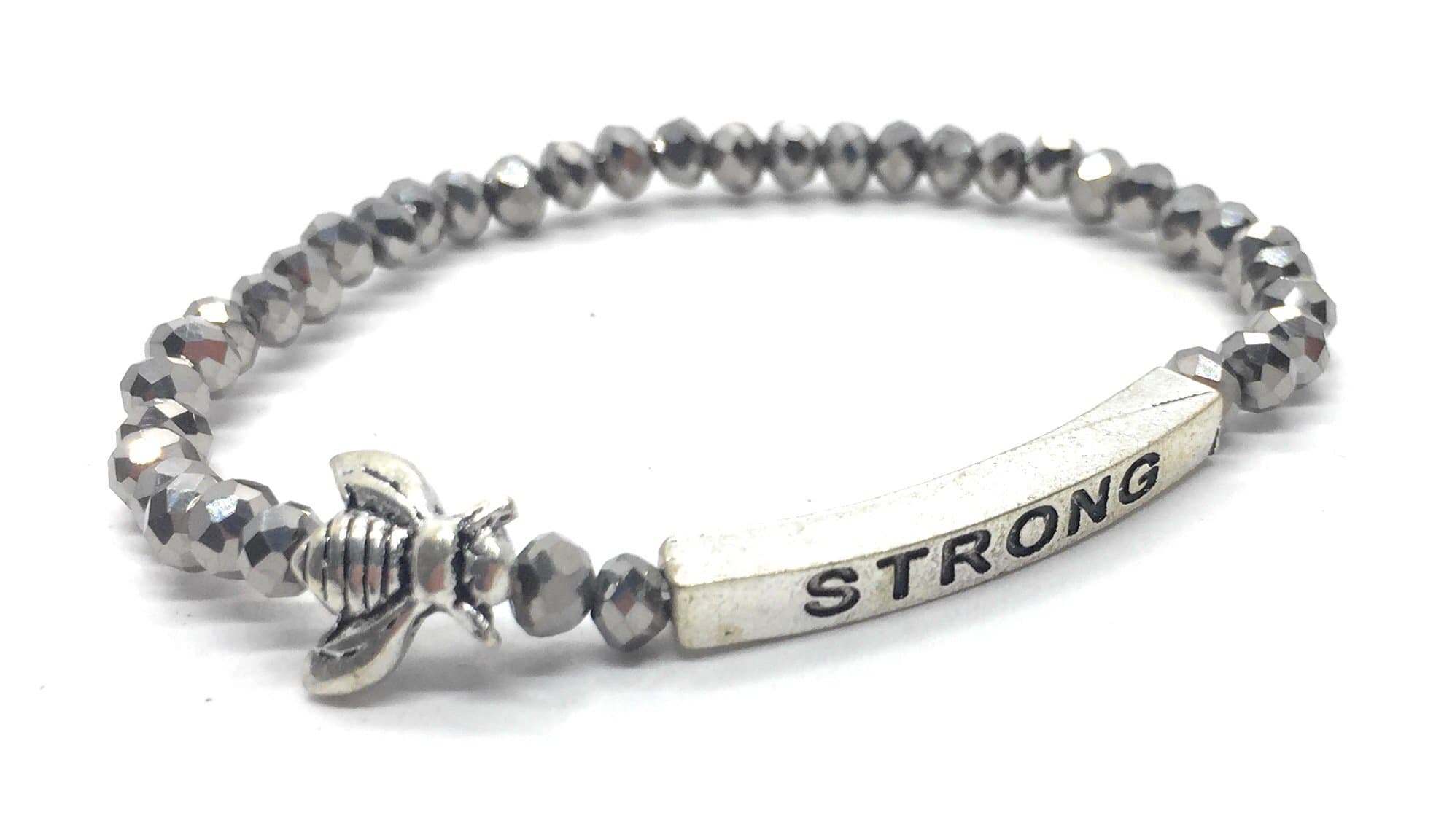 Bumble Bee Strong Inspirational Quote Bracelet Bead Stacking Stretch Made in USA (Silver)