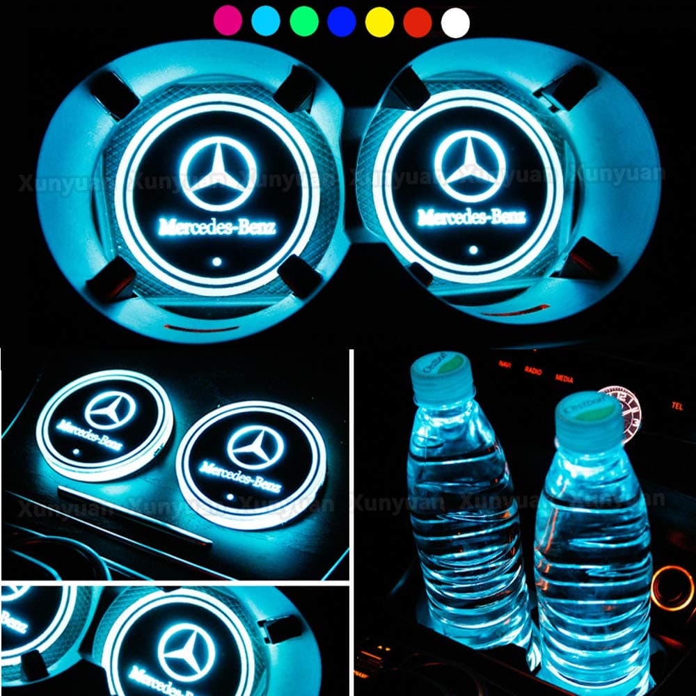 Xunyuan 2 pcs LED Car Logo Cup Holder Lights Coaster USB Charging 7 Colors Changing Auto Luminescent Cup Pad LED Interior Atmosphere Lamp Decoration Lights Accessories (Mercedes Benz)