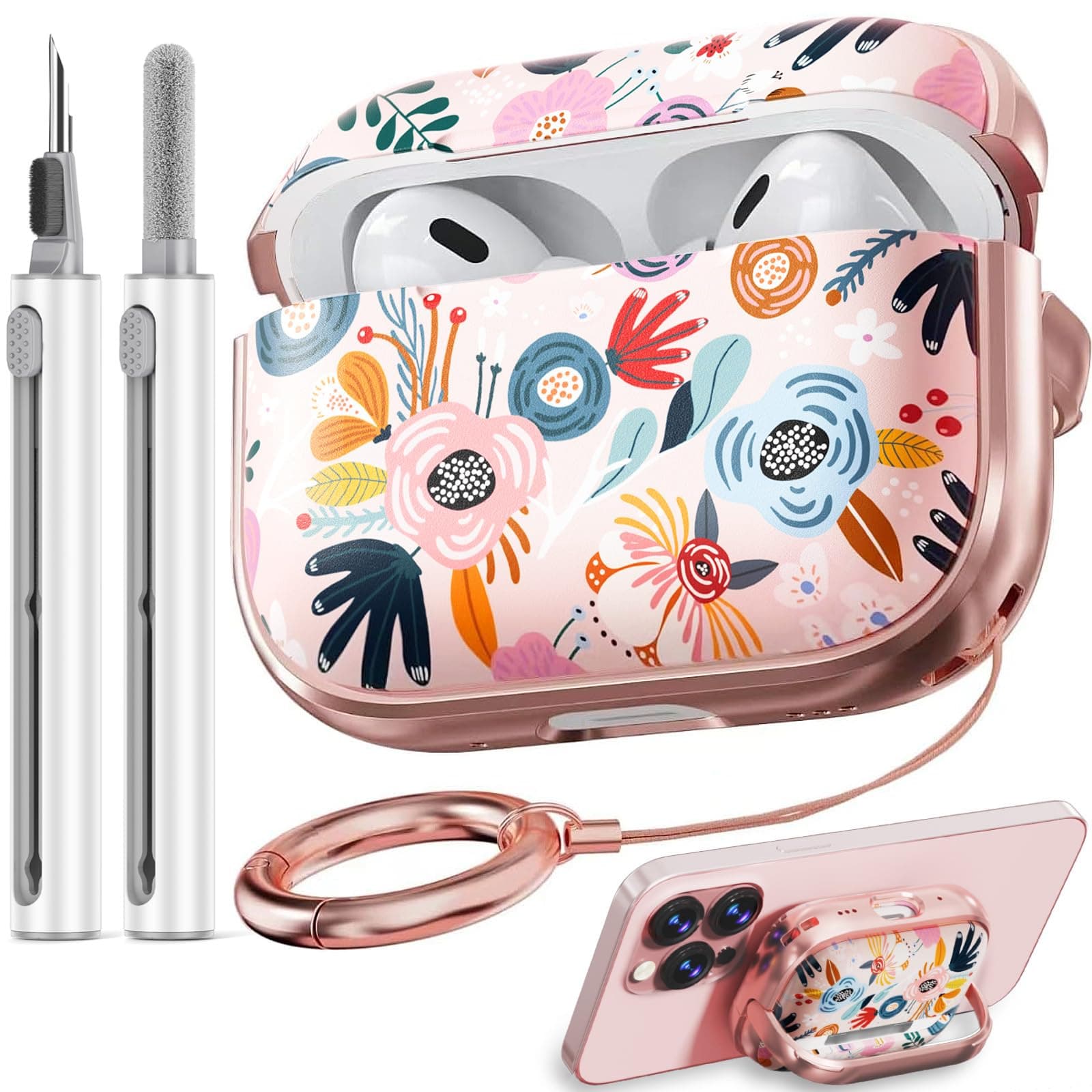 Inesore for AirPods Pro 2nd Generation Case Cover with Lock, Flowers Cute AirPod Pro 2 Case Hard iPod Pro Cases for Women Girls with Cleaner Kit for AirPod Pro Cases (2023 USB-C /2022/2019) - Pink
