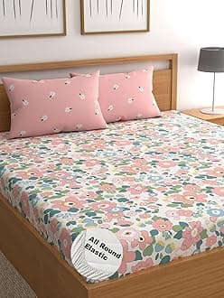LOOMLYFE 300 TC Cotton Feel Glace Cotton Elastic Fitted Printed King Size Double Bed Bedsheet with 2 Pillow Covers Fits Upto 8 inches Mattress Size- 72X78 Inches, Pinkflower