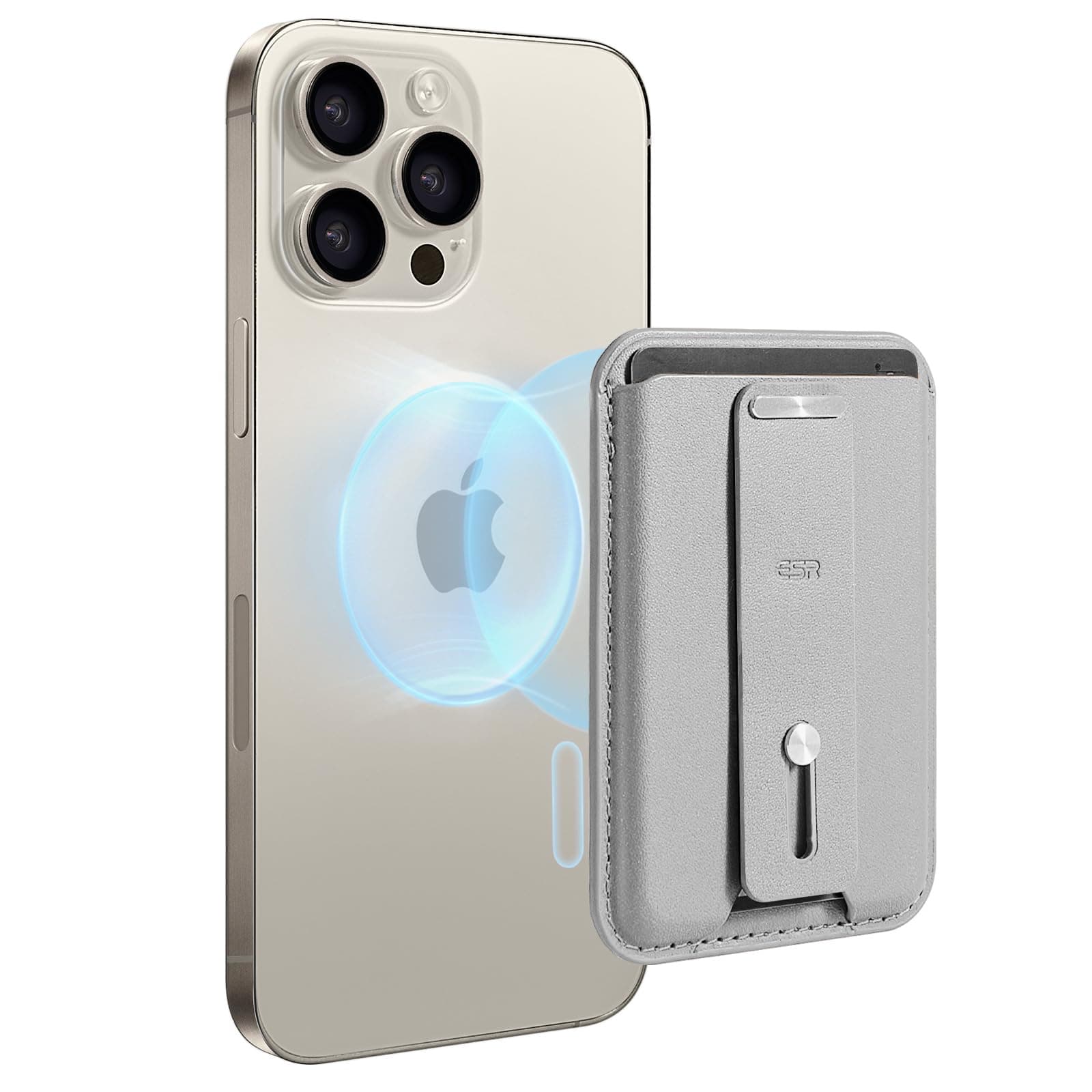 ESR Magnetic Wallet, Compatible with MagSafe Wallet, 3-Card Holder, Vegan Leather, Secure-Grip Finger Loop, for iPhone 16/15/14/13/12 Series, Not for 13/12 Mini, Grey