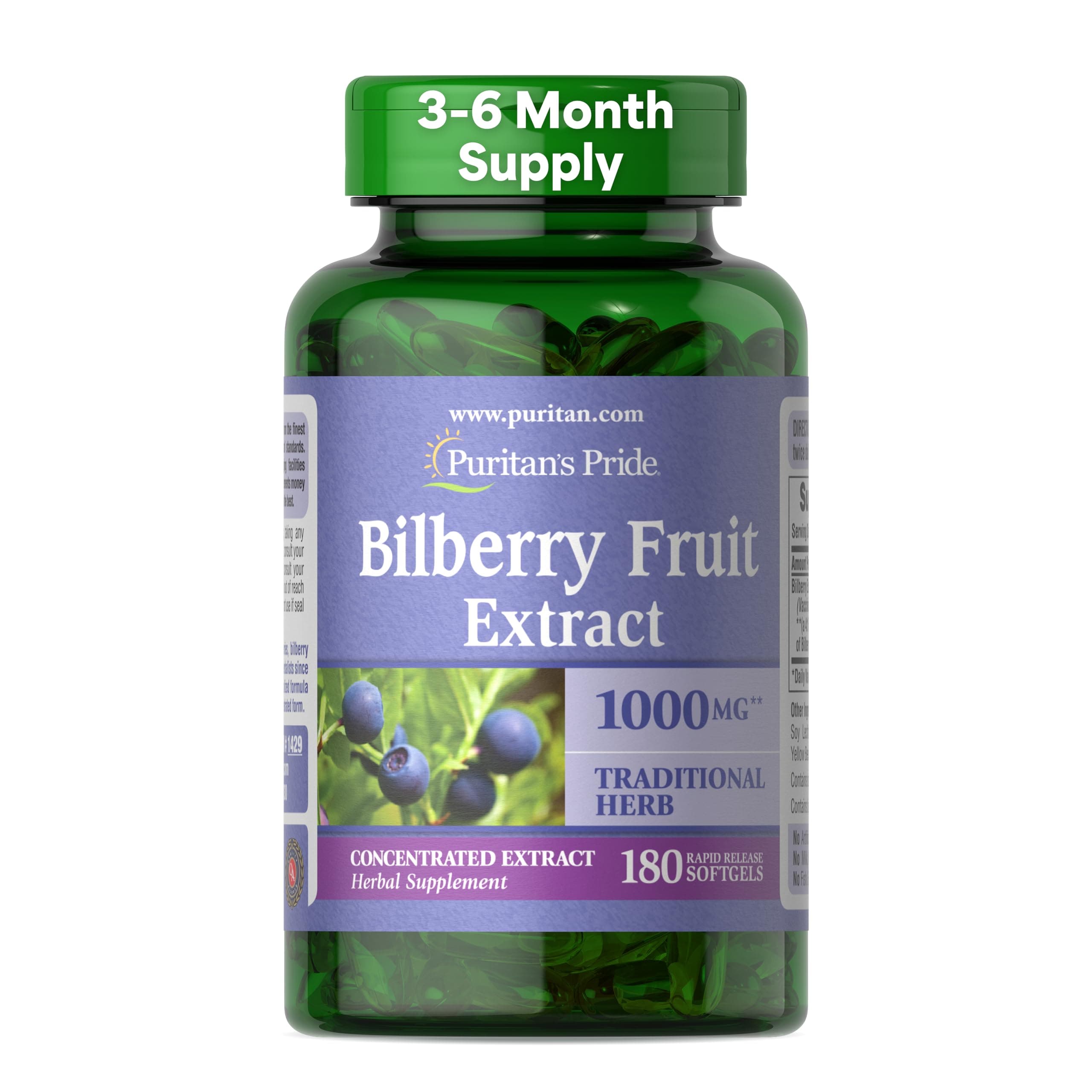 Premium Bilberry Fruit Extract 250 mg (1000mg Equivalent), 4:1 Concentrated Herbal Supplement, Vitamin C, 3 to 6 Month Supply, 180 Rapid Release Softgels(Packaging May Vary)