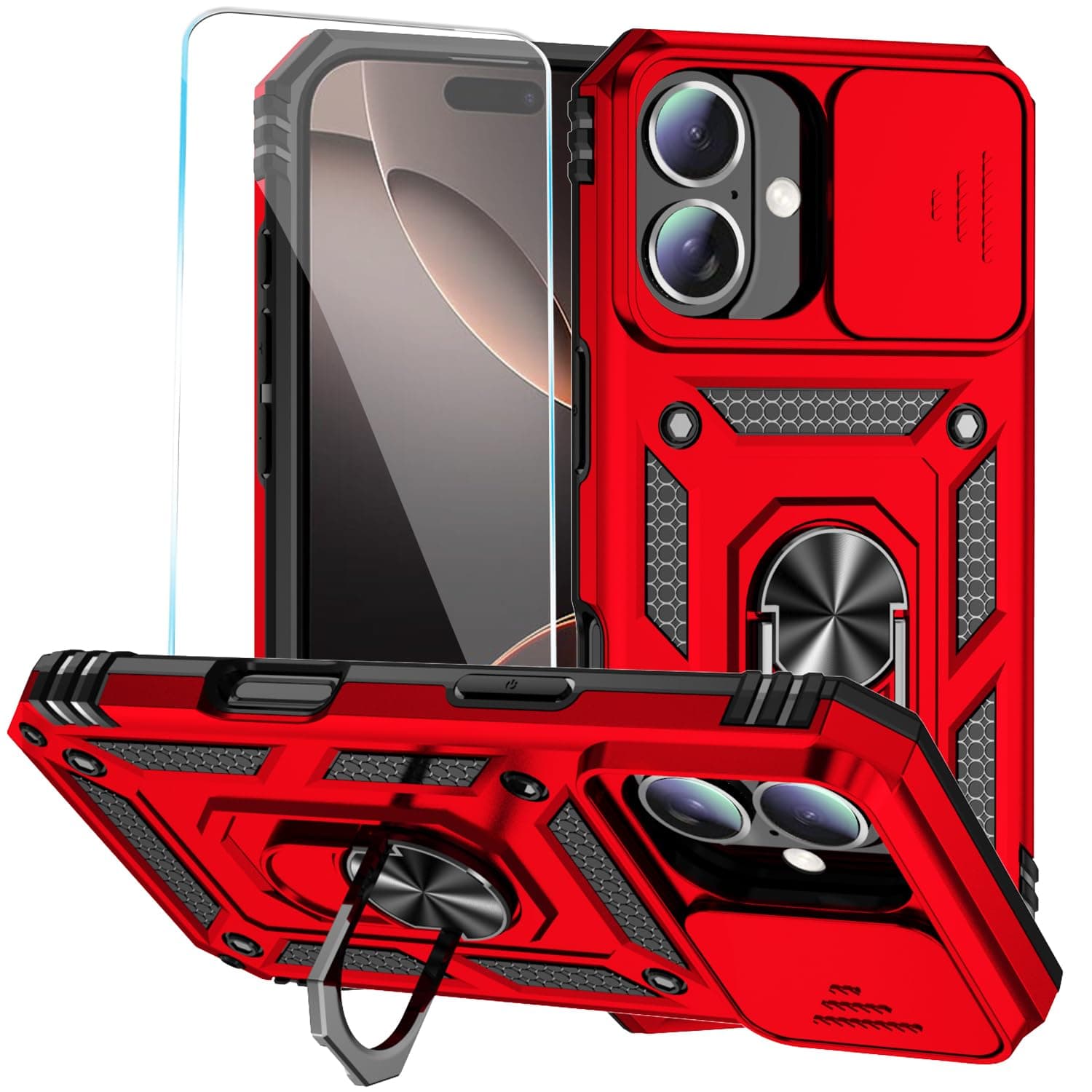 SunStory Phone Case for iPhone 16 Case with HD Screen Protector & Slide Camera Cover & Rotated Ring Kickstand, [Military-Grade] Phone Case for iPhone 16 6.1" (Red)