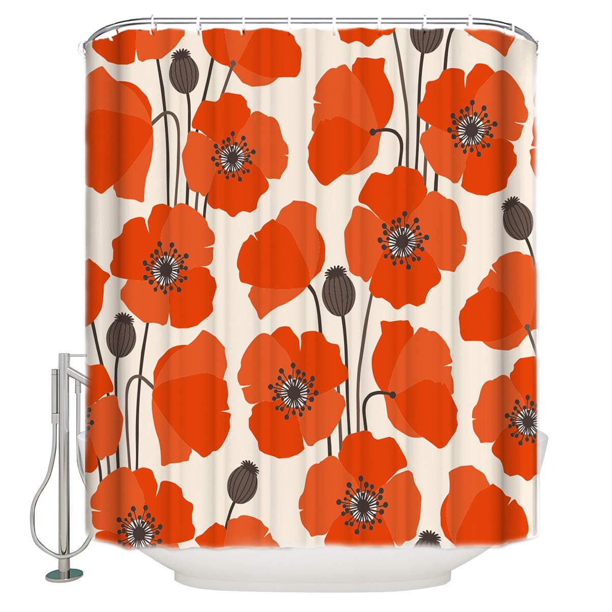 Alago Abstract Orange Poppy Shower Curtain Set with Hooks, Nature Flower Plant Waterproof Fabric Bath Curtains Decoration Bathroom Standard Size 72x72inch