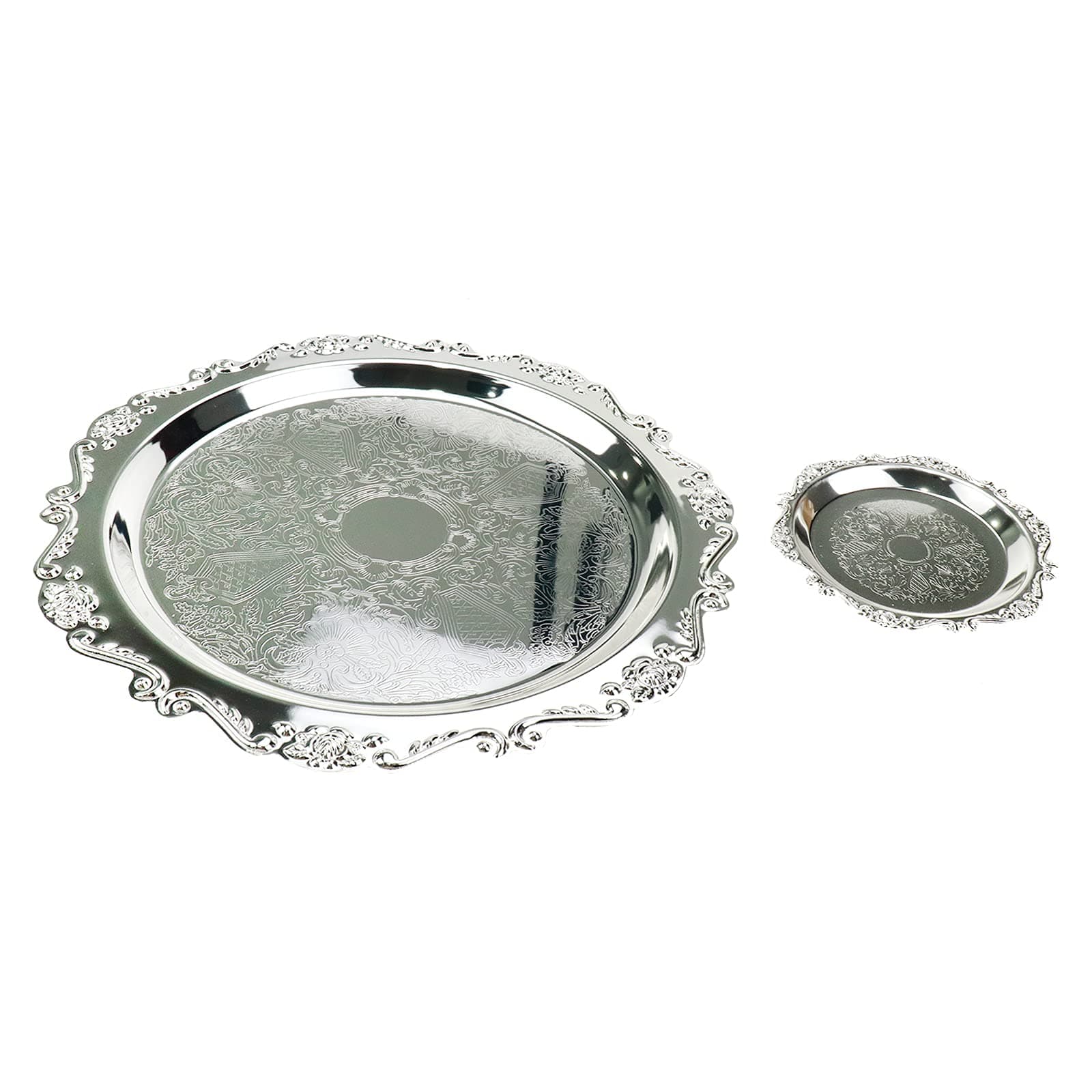 Round Platter Serving Tray Metal Reusable Decorative Appetizer Platter Dessert Plate for Kitchen Party Centerpiece Display, 2 Pcs Silver (4 Inch+10 Inch)